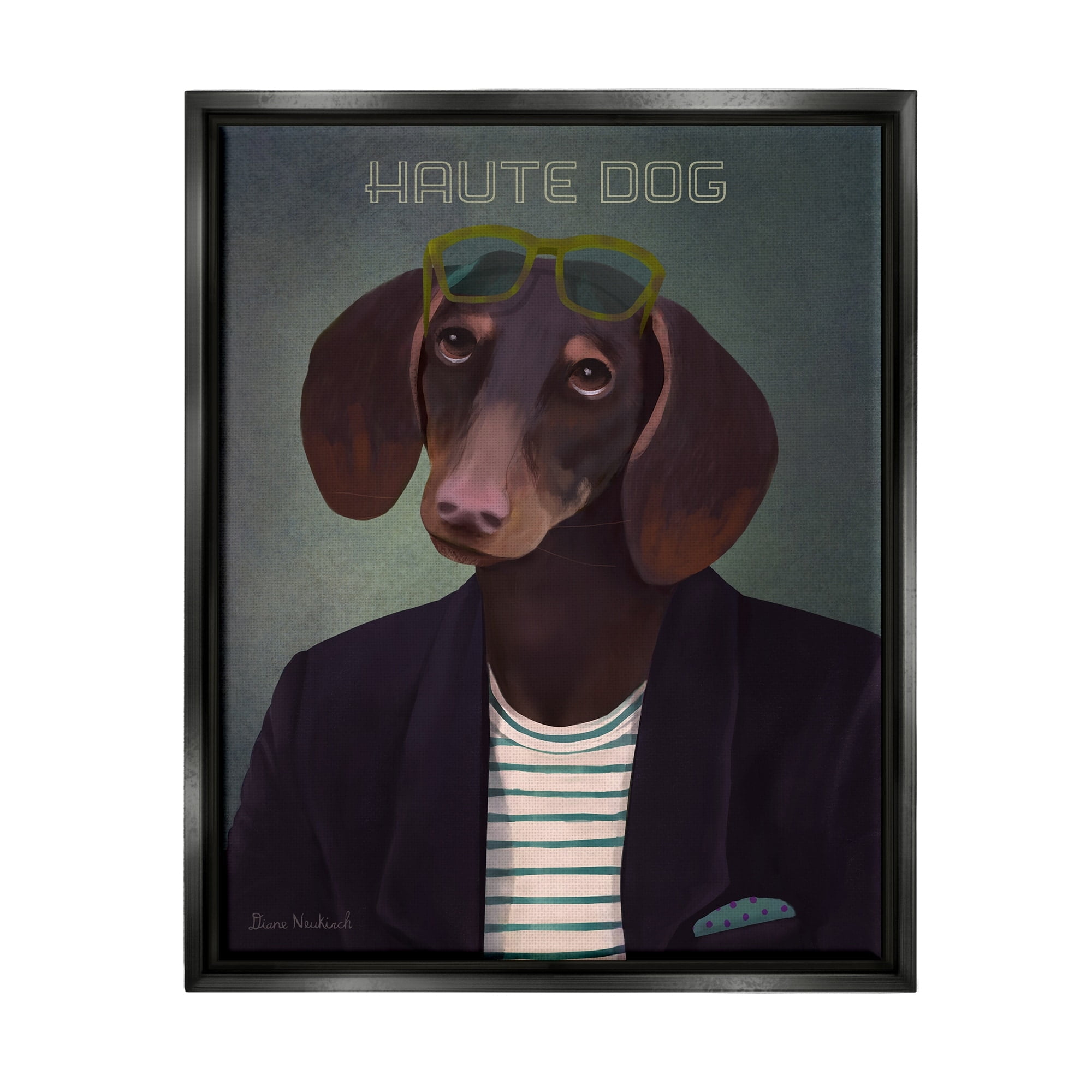 Stupell Industries Haute Dog Quirky Wearing Clothes Blazer Sunglasses Graphic Art Jet Black Floating Framed Canvas Print Wall Art, Design by Diane Neukirch