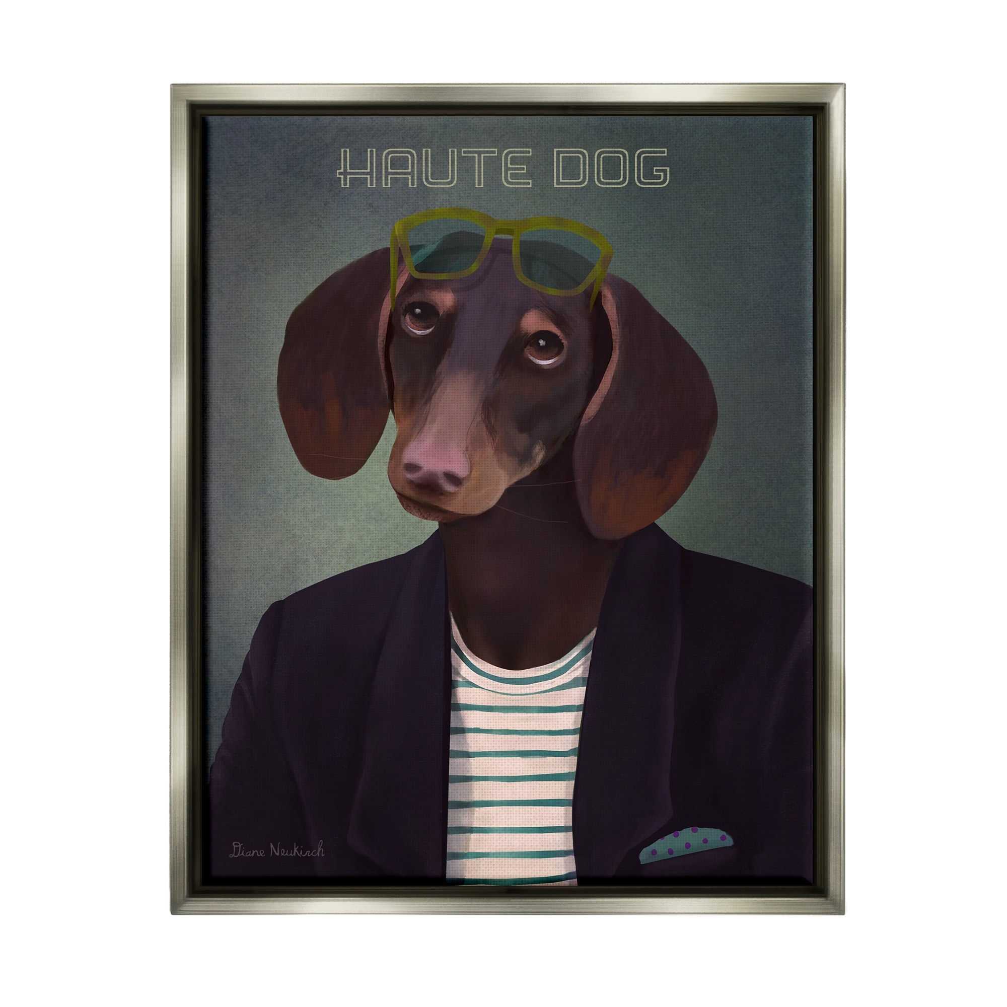 Stupell Industries Haute Dog Quirky Wearing Clothes Blazer Sunglasses Graphic Art Luster Gray Floating Framed Canvas Print Wall Art, Design by Diane Neukirch