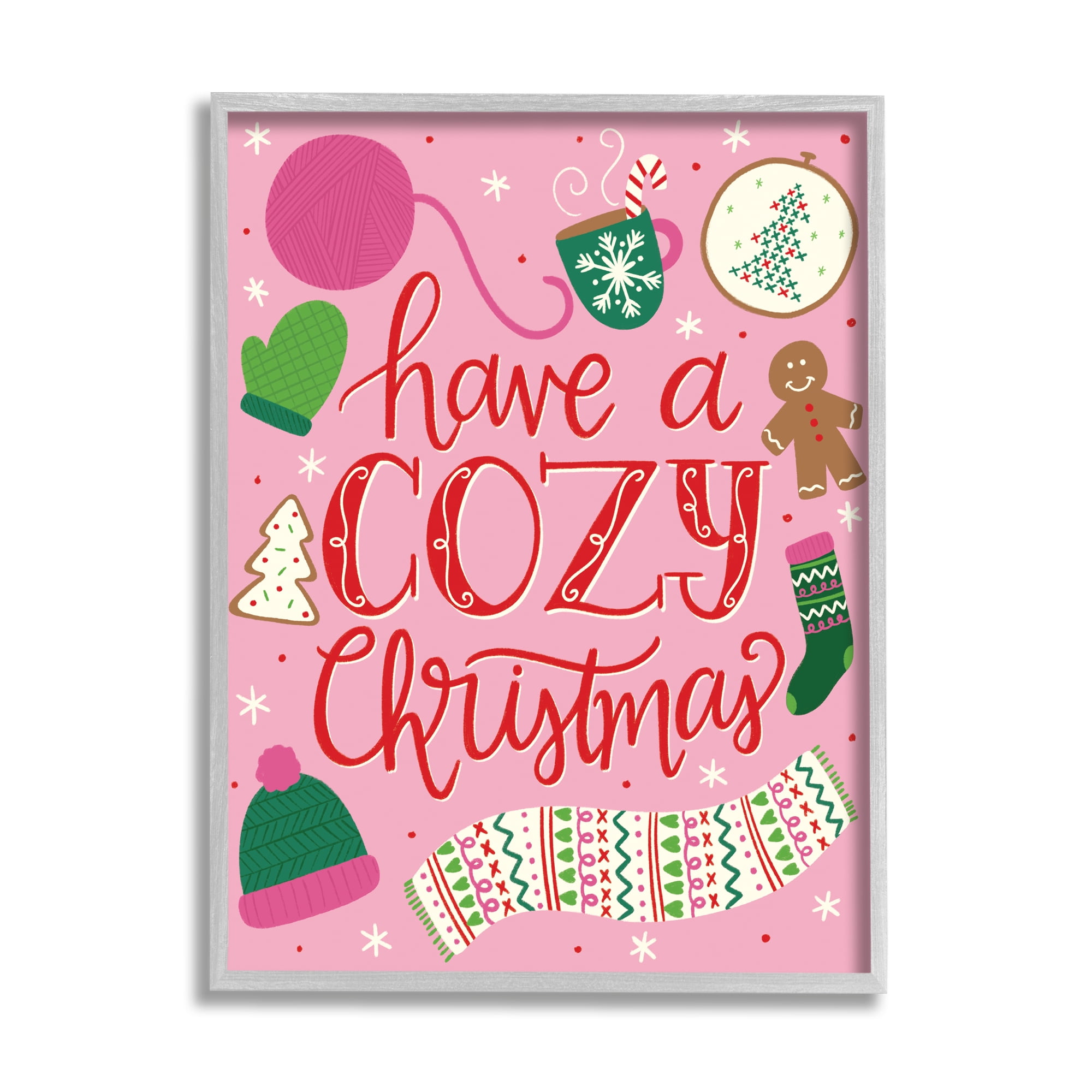 Stupell Industries Have A Cozy Christmas Festive Phrase Gingerbread Scarf Inspirational Painting Gray Framed Art Print Wall Art, 16 x 20