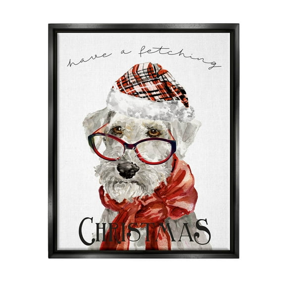 Stupell Industries Have a Fetching Christmas Dog Graphic Art Jet Black Floating Framed Canvas Print Wall Art, Design by Livi Finn