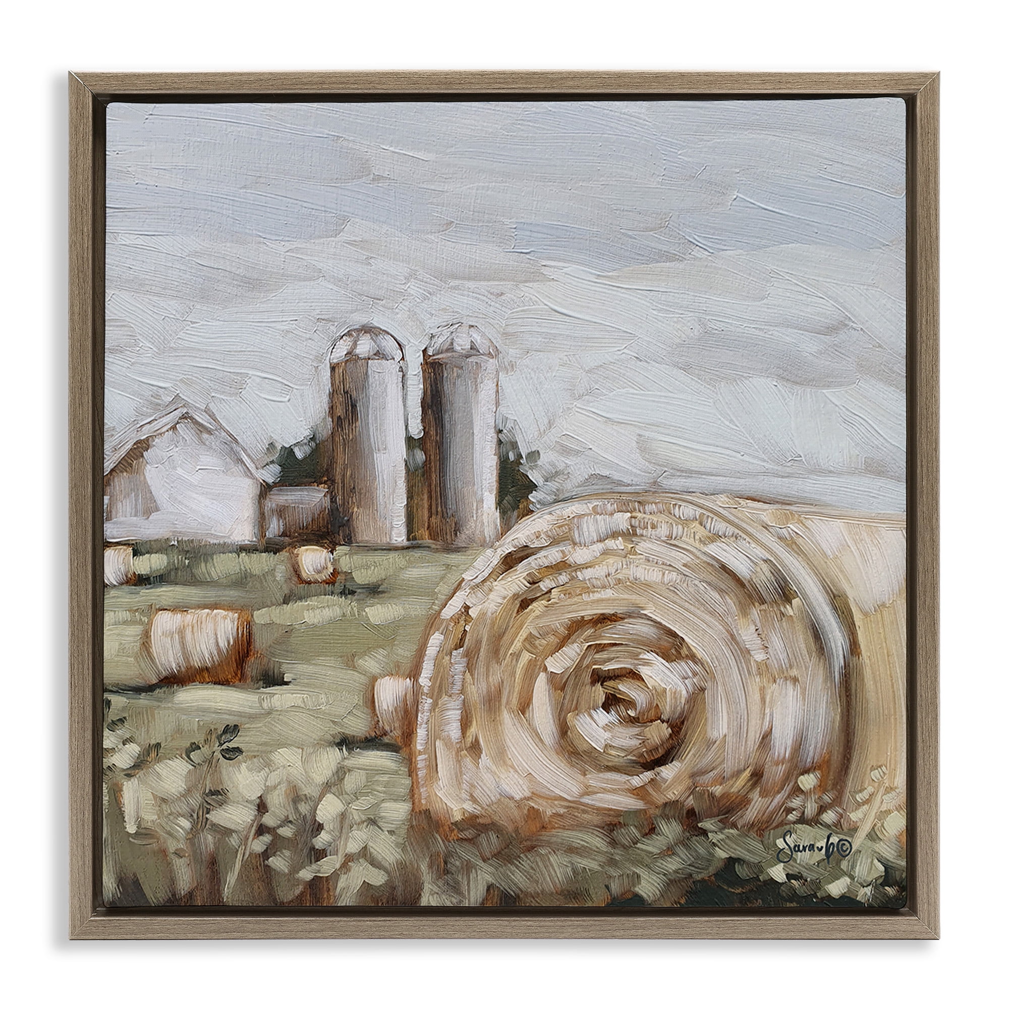 Stupell Industries Hay Bales Farmland Pasture Landscape Painting Brown Floater Framed Canvas Art Print Wall Art, 18 x 18