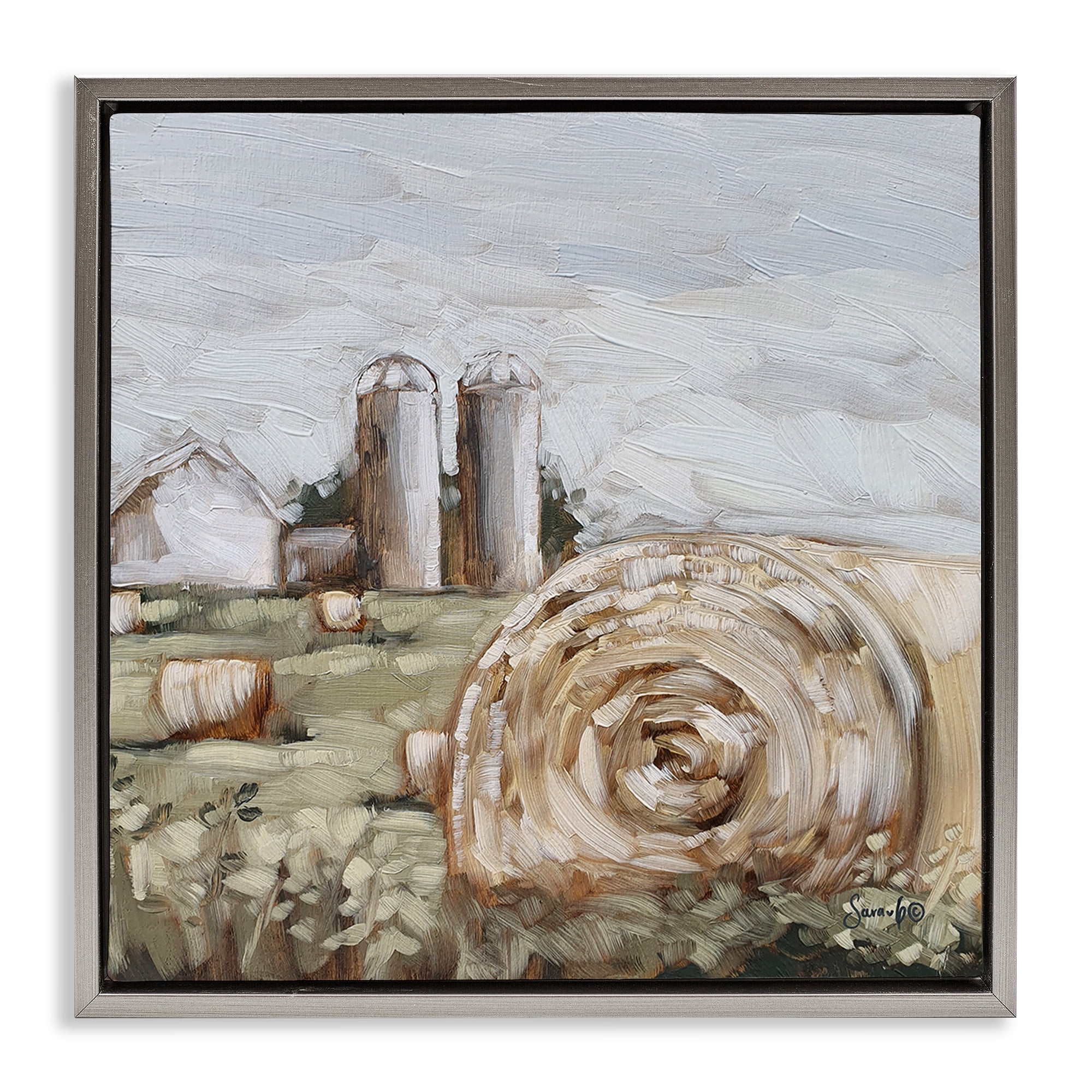 Stupell Industries Hay Bales Farmland Pasture Landscape Painting Gray Floater Framed Canvas Art Print Wall Art, 18 x 18