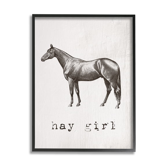 Stupell Industries Hay Girl Funny Horse Pun Vintage Equestrian Portrait Graphic Art Black Framed Art Print Wall Art, 11x14, by Daphne Polselli