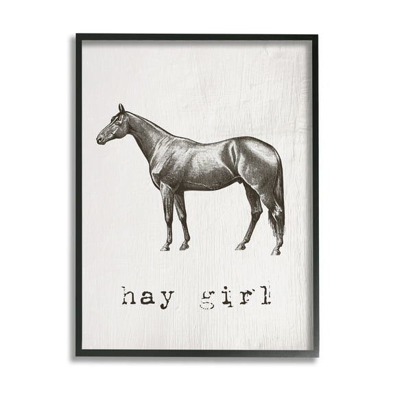 Stupell Industries Hay Girl Funny Horse Pun Vintage Equestrian Portrait Graphic Art Black Framed Art Print Wall Art, 24x30, by Daphne Polselli