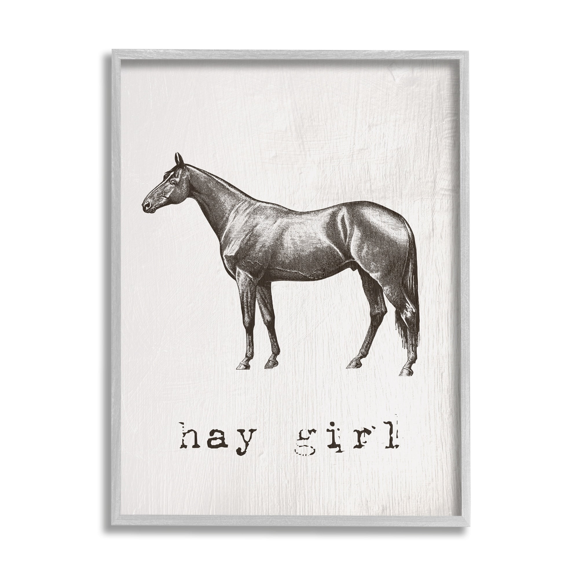 Stupell Industries Hay Girl Funny Horse Pun Vintage Equestrian Portrait Graphic Art Gray Framed Art Print Wall Art, 24x30, by Daphne Polselli