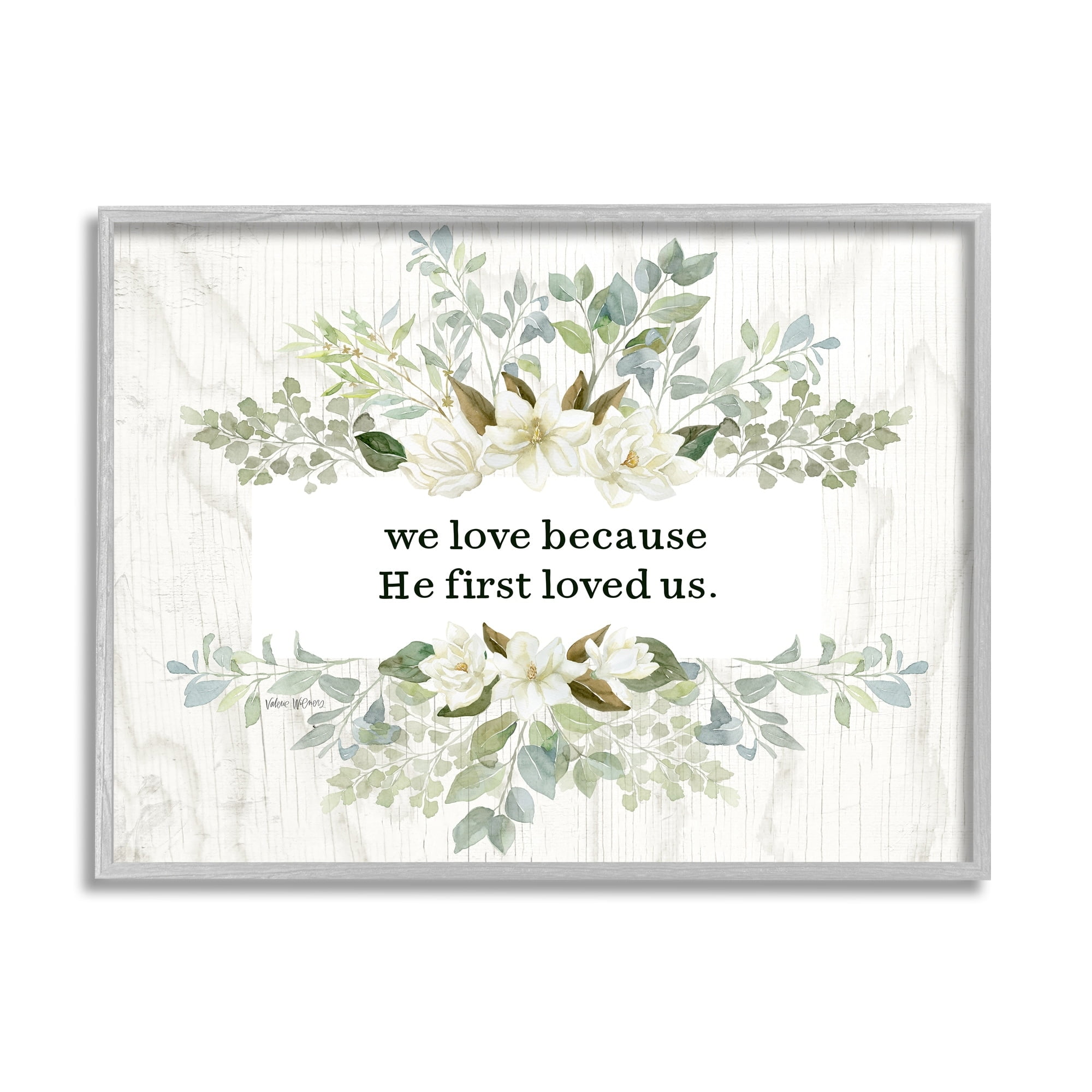 Stupell Industries He First Loved Us Sentiment Charming White Florals, 14 x 11,Design by Valerie Wieners