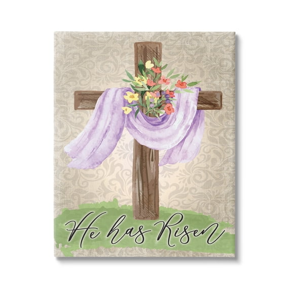 Stupell Industries He Has Risen Spring Floral Cross Brown Damask Pattern, 30 x 40, Design by ND Art