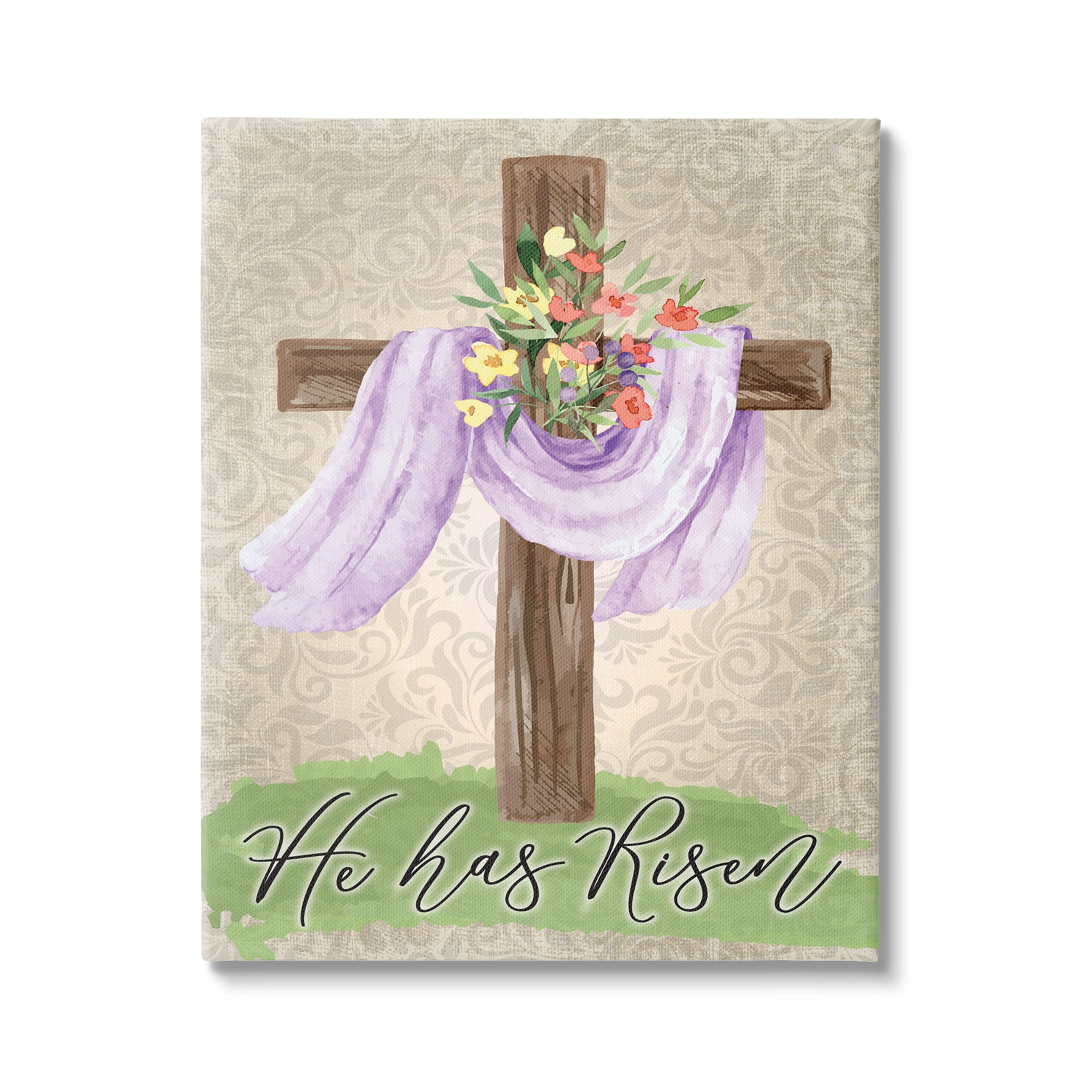 Stupell Industries He Has Risen Spring Floral Cross Brown Damask Pattern, 36 x 48, Design by ND Art
