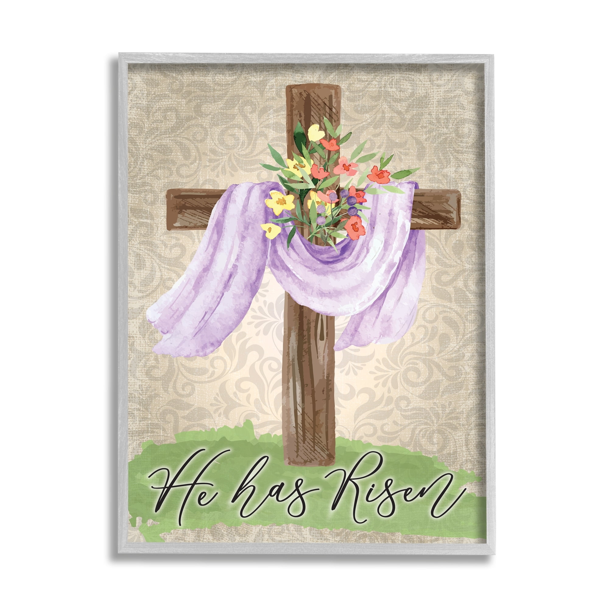 Stupell Industries He Has Risen Spring Floral Cross Brown Damask Pattern Graphic Art Gray Framed Art Print Wall Art, 16x20, by ND Art