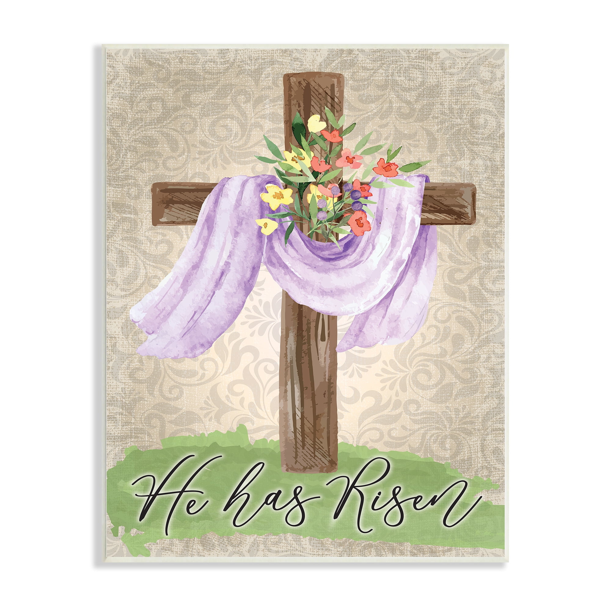 Stupell Industries He Has Risen Spring Floral Cross Brown Damask Pattern Graphic Art Unframed Art Print Wall Art, 10x15, by ND Art