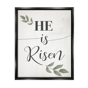 Stupell Industries He Is Risen Faith Phrase Green Country Leaves Jet Black Framed Floating Canvas Wall Art, 16x20, by Daphne Polselli
