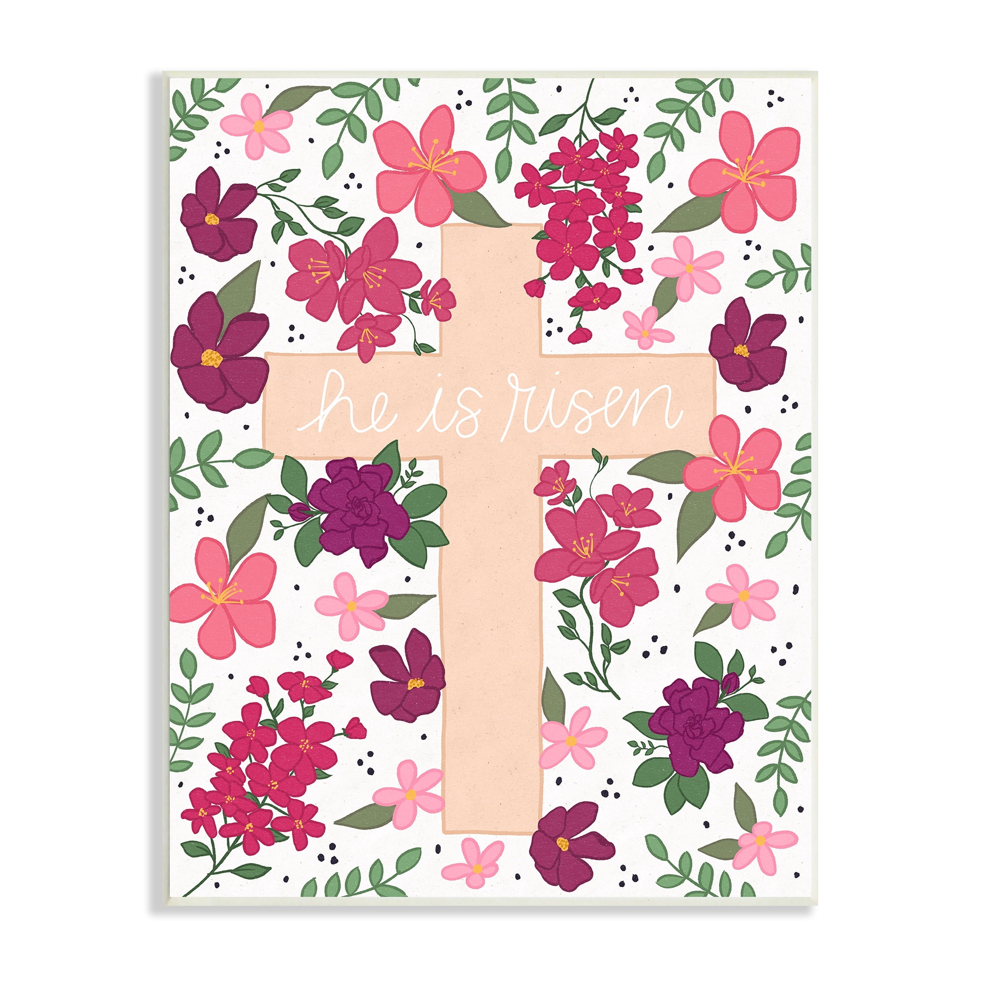 Stupell Industries He Is Risen Faith Phrase Pink Florals Cross, 13 x 19, Design by Raye Allison Creations
