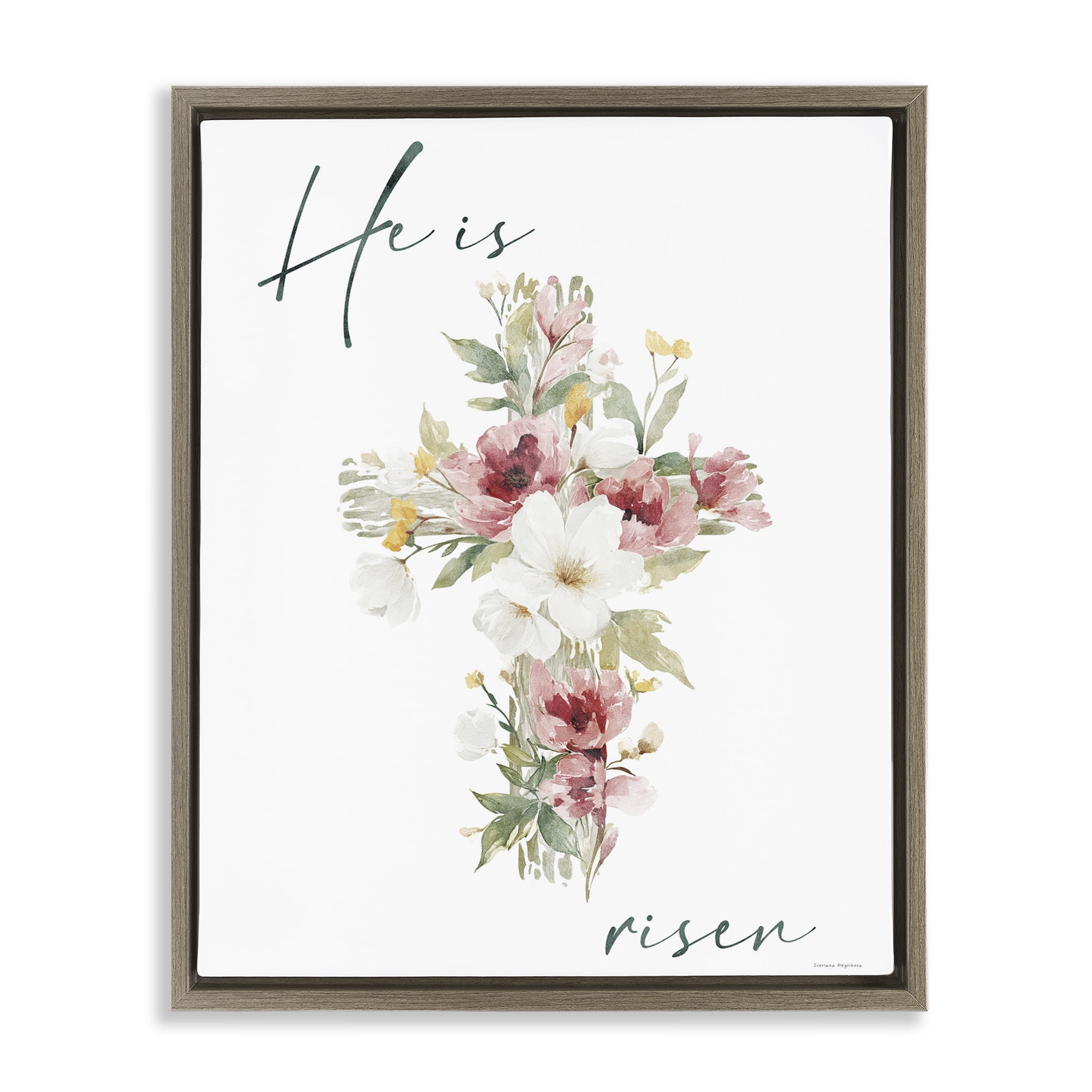 Stupell Industries He Is Risen Flower Cross Brown Framed Floater Canvas Wall Art, design by Svetlana Aleynikova