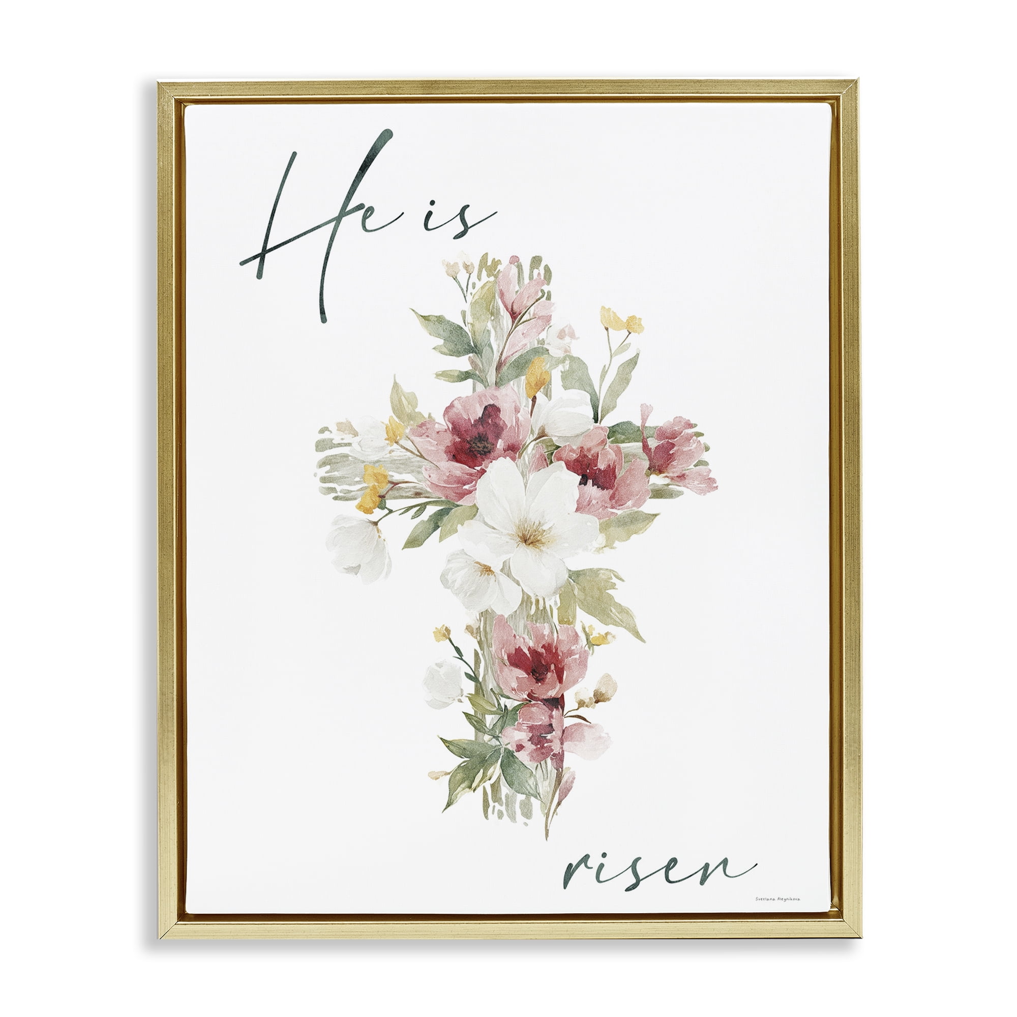 Stupell Industries He Is Risen Flower Cross Gold Framed Floater Canvas Wall Art, design by Svetlana Aleynikova