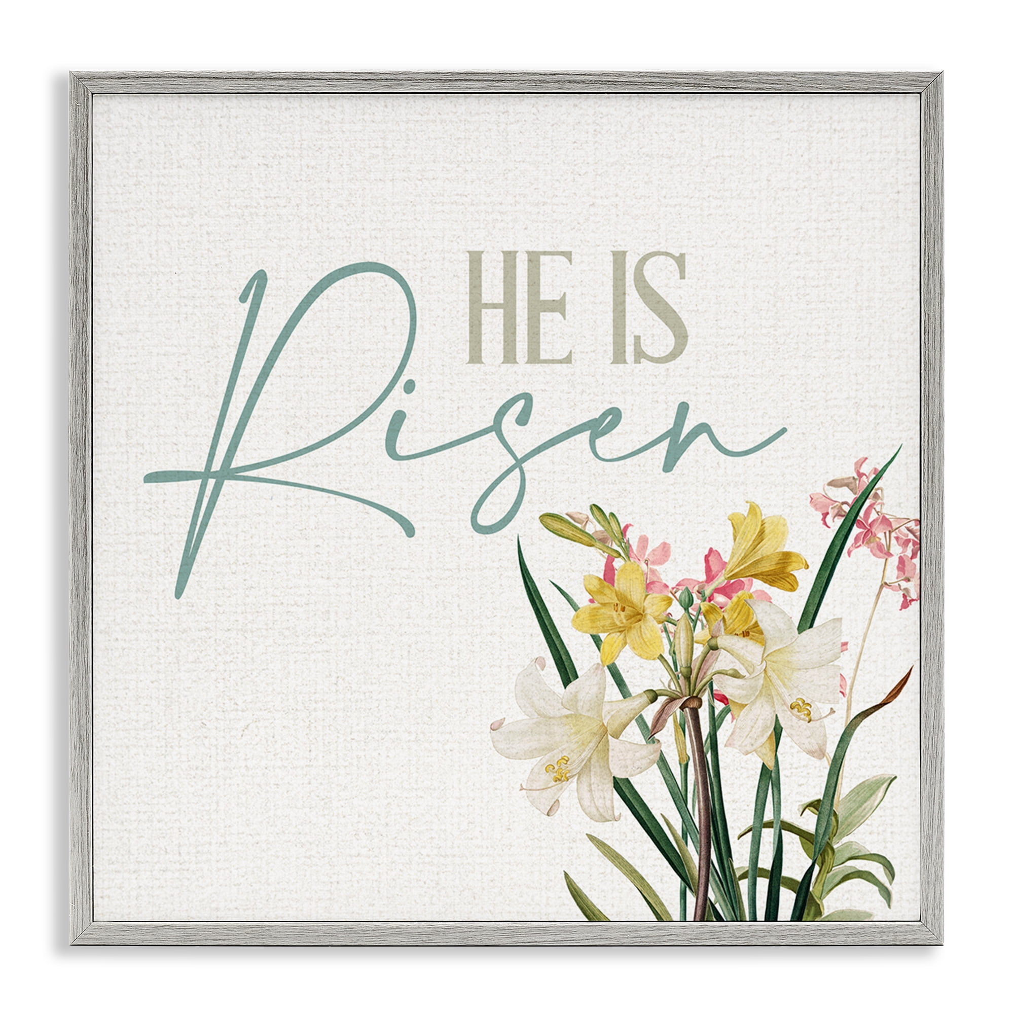 He Is Risen Religious Easter Holiday Flower Blossoms Gray Framed Giclee Art, 17 x 17, By Kim Allen