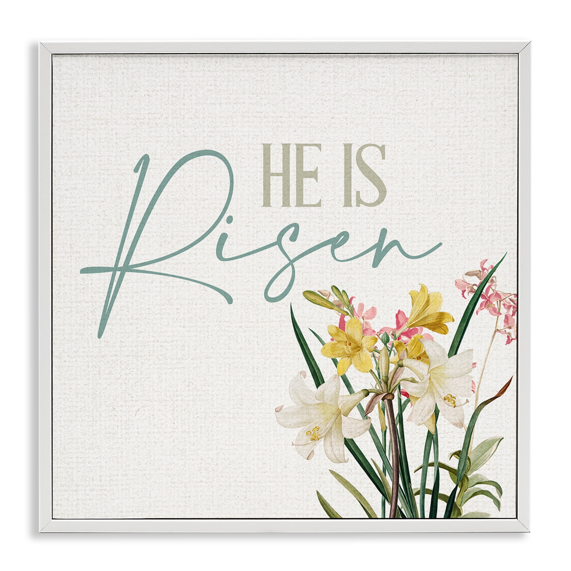 He Is Risen Religious Easter Holiday Flower Blossoms White Framed Giclee Art, 24 x 24, By Kim Allen