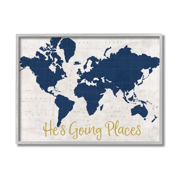 Stupell Industries He's Going Places Phrase Blue World Map Design by Sue Schlabach