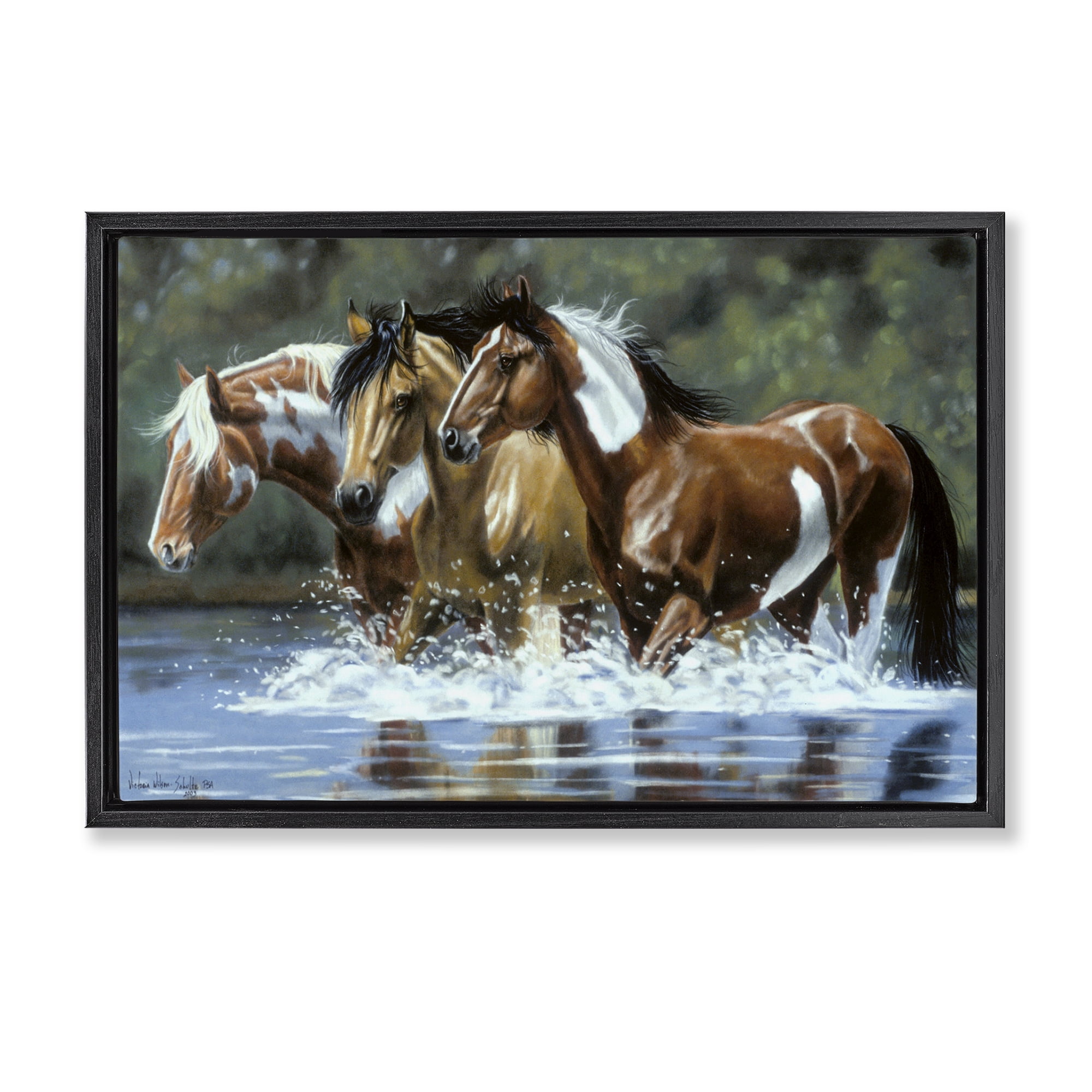Stupell Industries Heading Upstream Horses Animals & Insects Painting Black Floater Framed Canvas Art Print Wall Art, 31 x 21