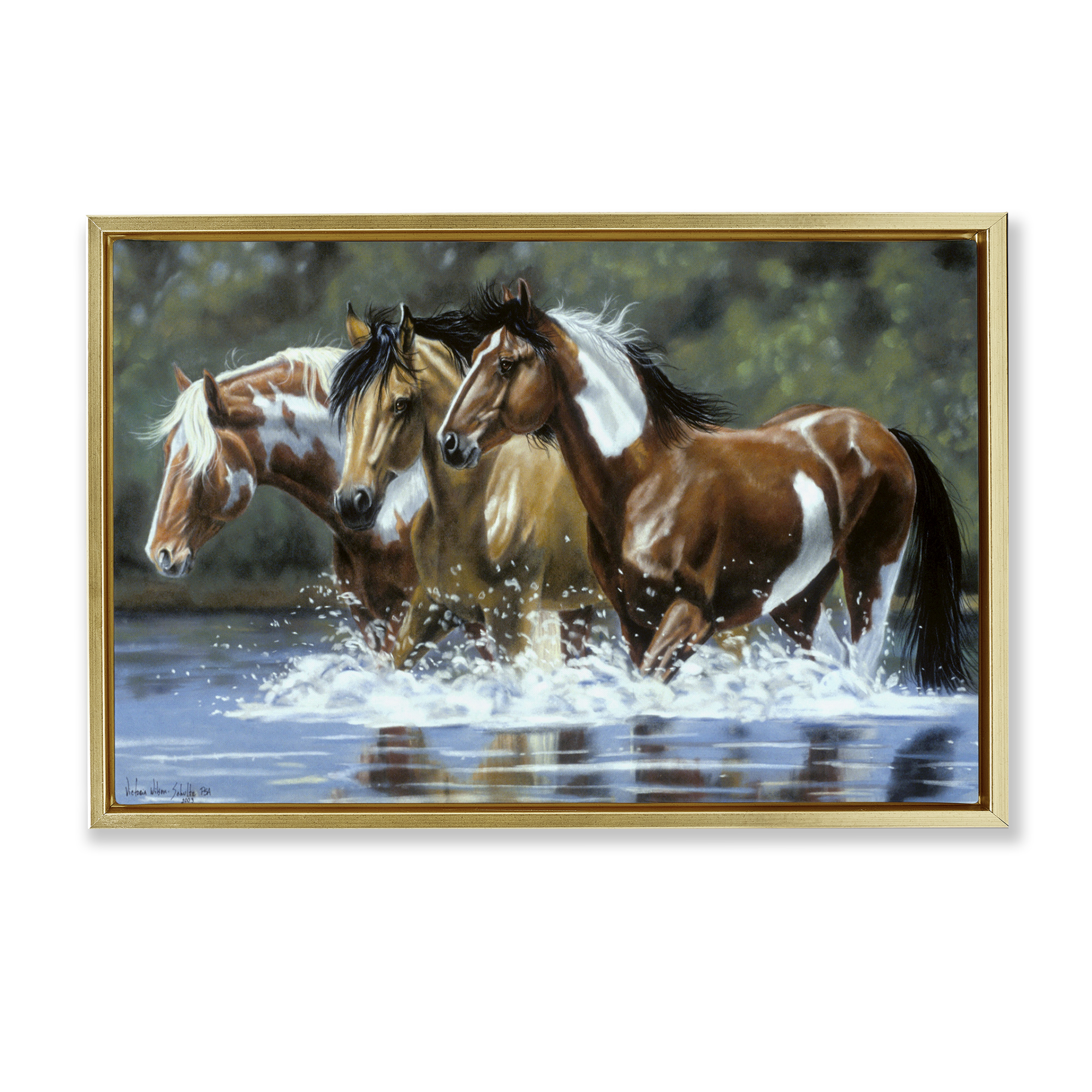 Stupell Industries Heading Upstream Horses Animals & Insects Painting Gold Floater Framed Canvas Art Print Wall Art, 25 x 17