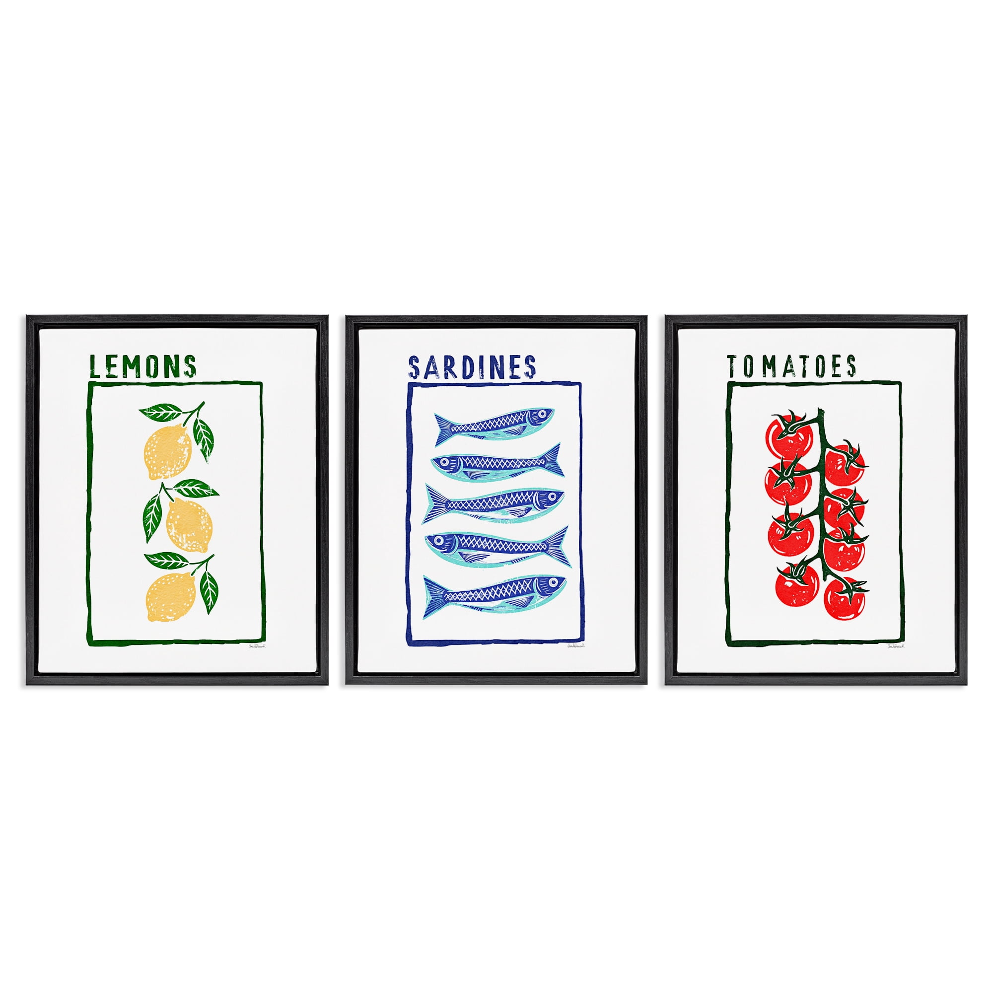 Stupell Industries Healthy Summer Foods 3 Piece Black Framed Floater Canvas Set, design by Amanda Greenwood