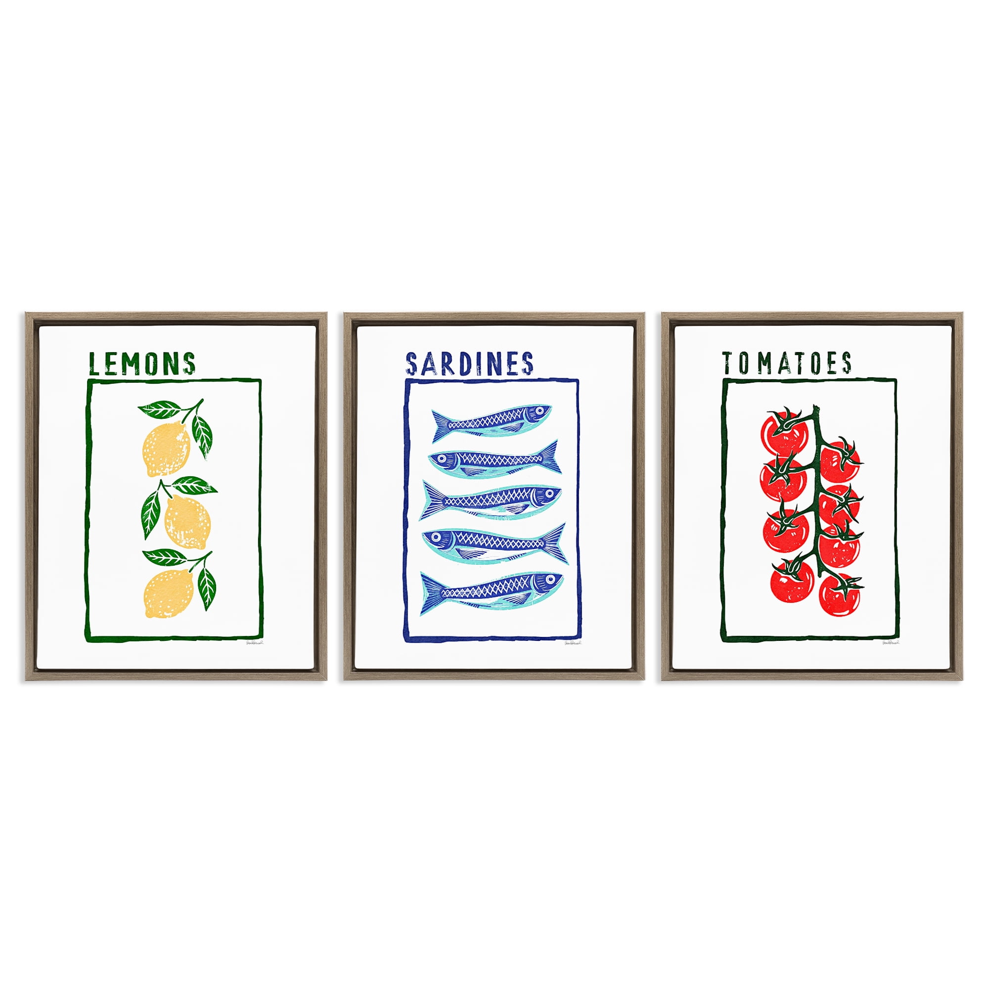 Stupell Industries Healthy Summer Foods 3 Piece Brown Framed Floater Canvas Set, design by Amanda Greenwood