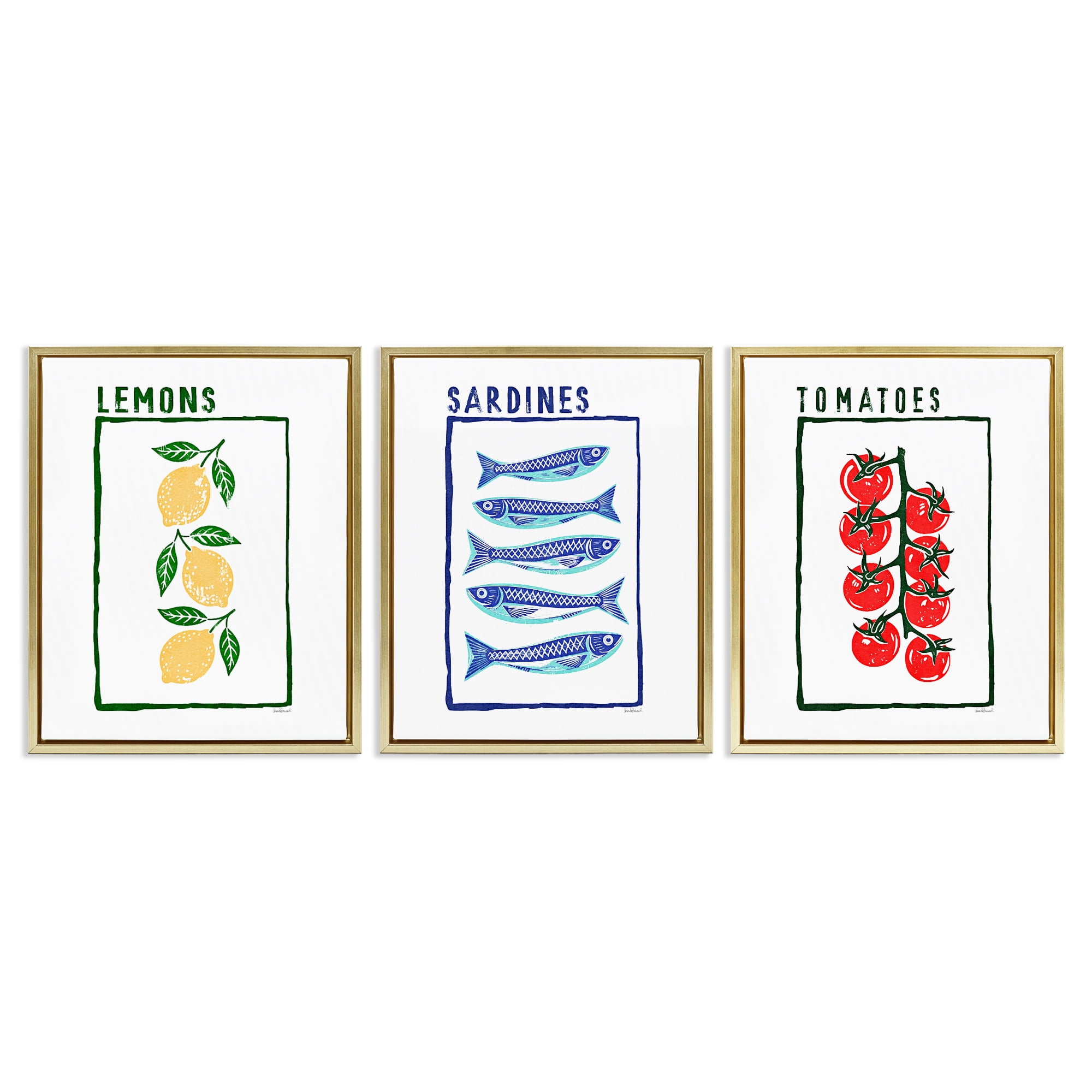 Stupell Industries Healthy Summer Foods 3 Piece Gold Framed Floater Canvas Set, design by Amanda Greenwood