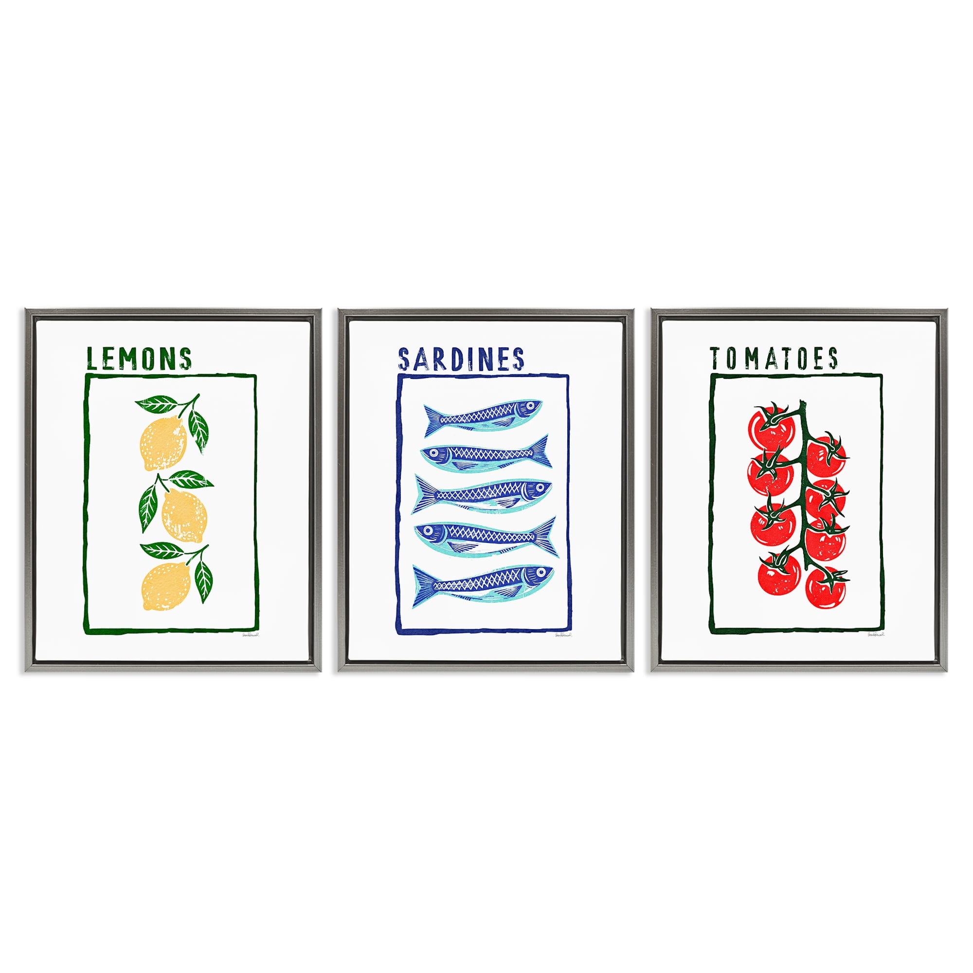Stupell Industries Healthy Summer Foods 3 Piece Gray Framed Floater Canvas Set, design by Amanda Greenwood