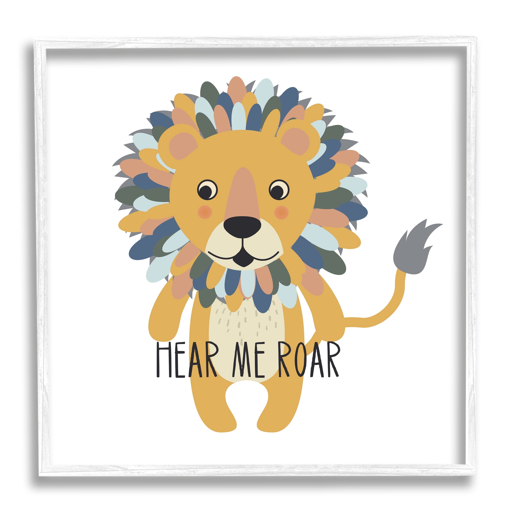 Stupell Industries Hear Me Roar Smiling Lion Fluffy Teal Mane Framed Wall Art, 17 x 17, Design by Linda Birtel