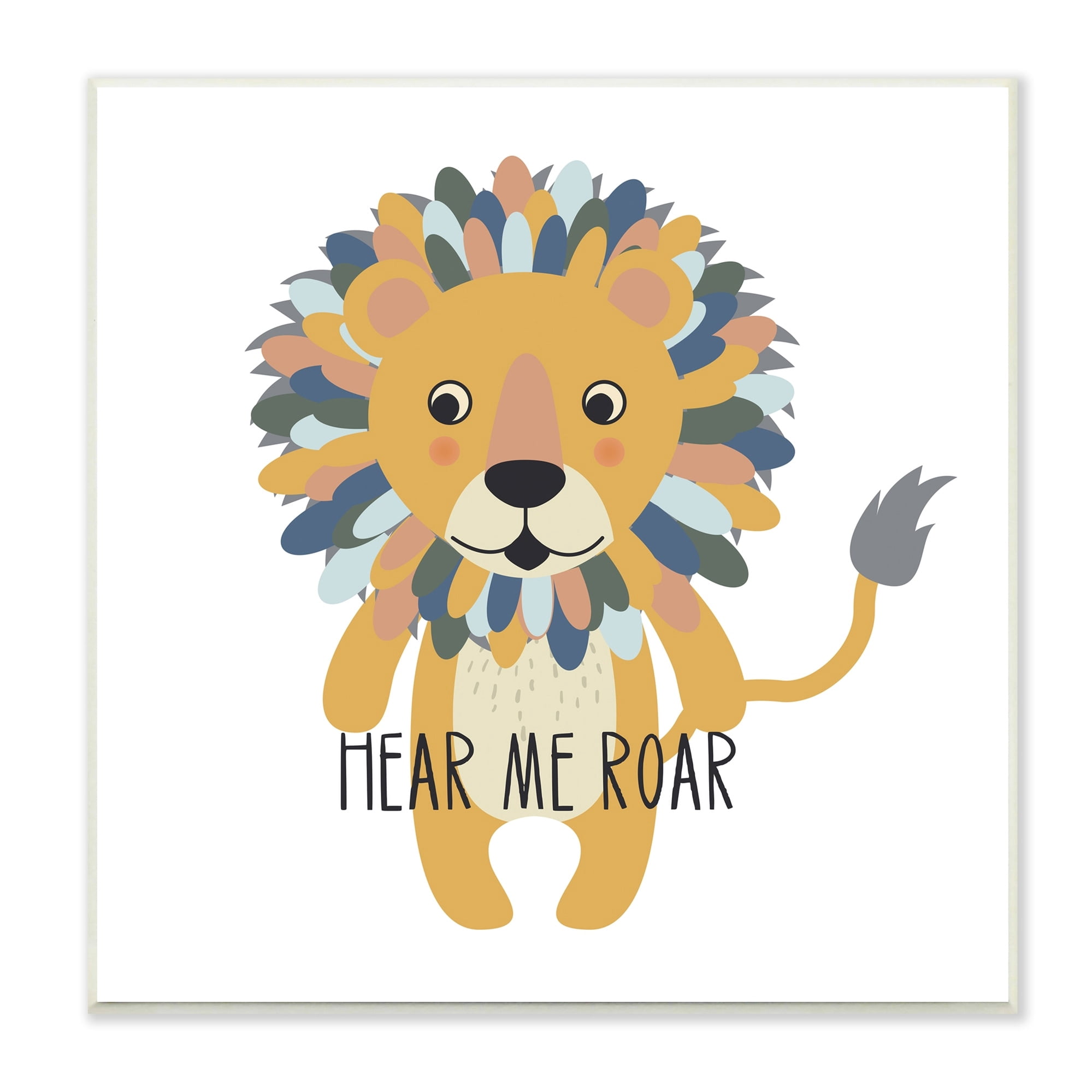 Stupell Industries Hear Me Roar Smiling Lion Fluffy Teal Mane Wood Wall Art, 12 x 12, Design by Linda Birtel