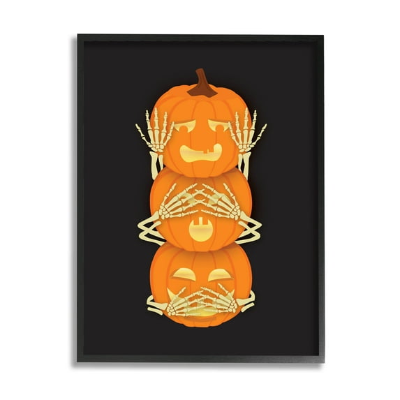 Stupell Industries Hear See Speak No Evil Pumpkins Graphic Art Black Framed Art Print Wall Art, Design by Linda Birtel