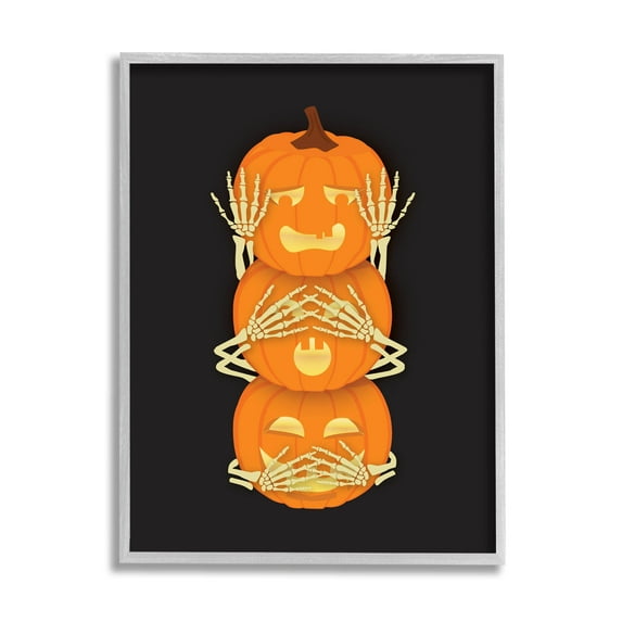 Stupell Industries Hear See Speak No Evil Pumpkins Graphic Art Gray Framed Art Print Wall Art, Design by Linda Birtel