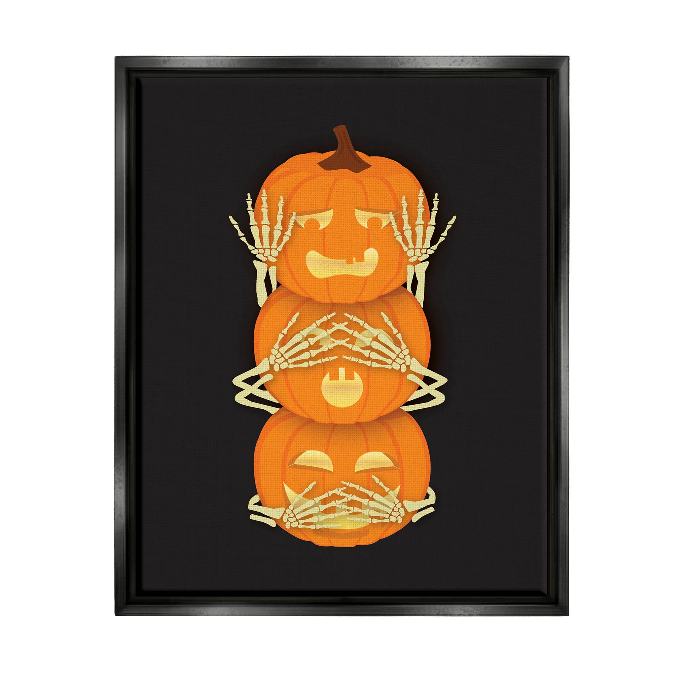 Stupell Industries Hear See Speak No Evil Pumpkins Graphic Art Jet Black Floating Framed Canvas Print Wall Art, Design by Linda Birtel