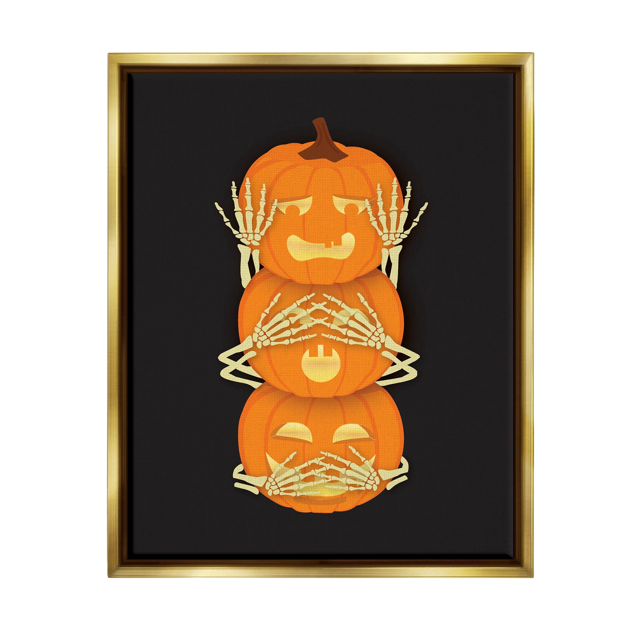 Stupell Industries Hear See Speak No Evil Pumpkins Graphic Art Metallic Gold Floating Framed Canvas Print Wall Art, Design by Linda Birtel