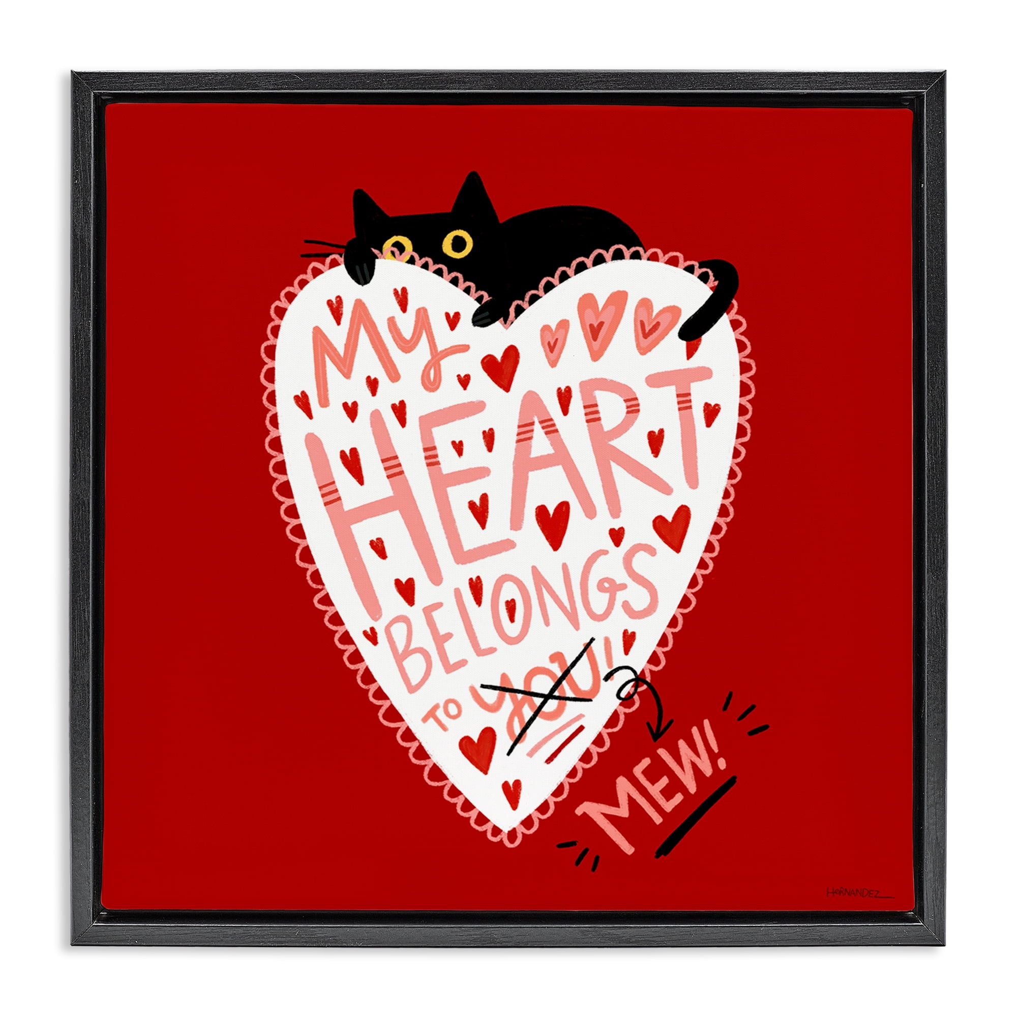Stupell Industries Heart Belongs To Mew Animals Painting Black Floater Framed Canvas Art Print Wall Art, 25 x 25