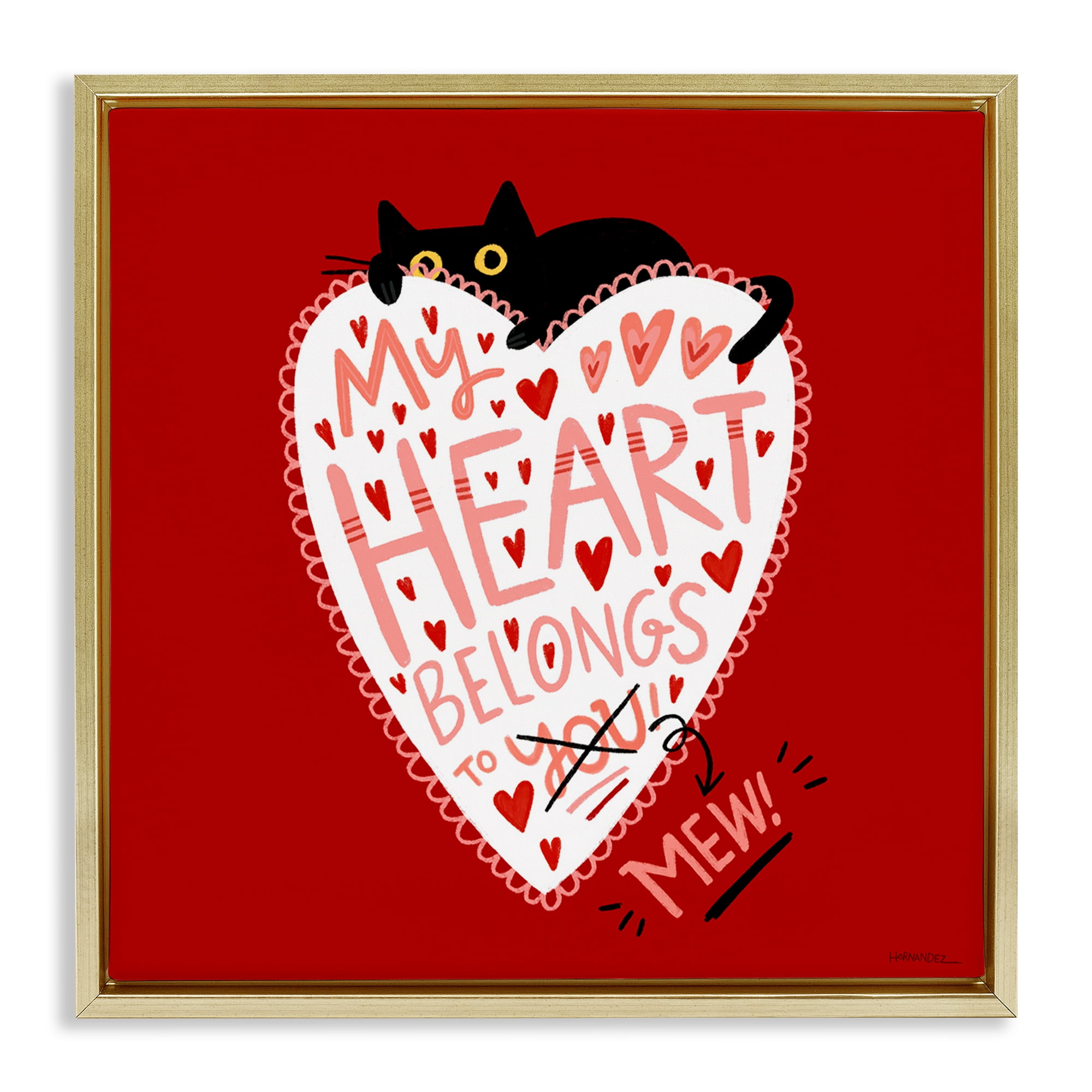 Stupell Industries Heart Belongs To Mew Animals Painting Gold Floater Framed Canvas Art Print Wall Art, 18 x 18