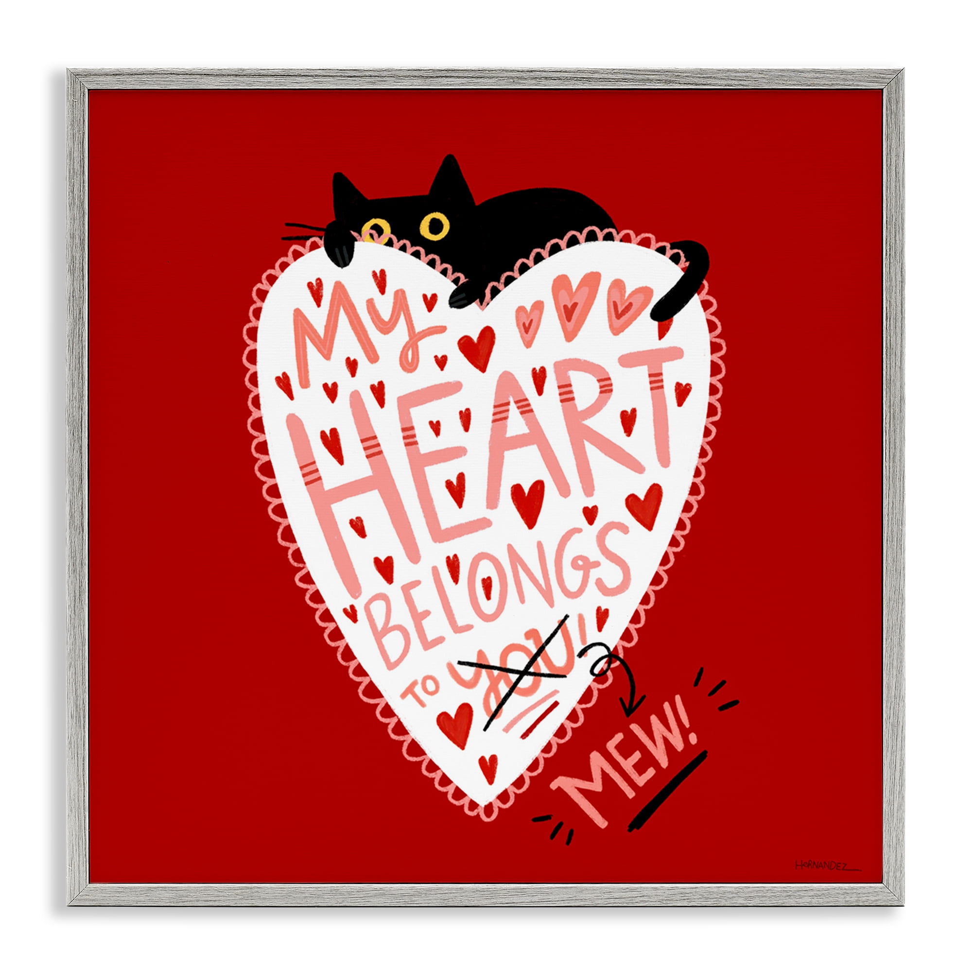 Stupell Industries Heart Belongs To Mew Animals Painting Gray Framed Art Print Wall Art, 17 x 17