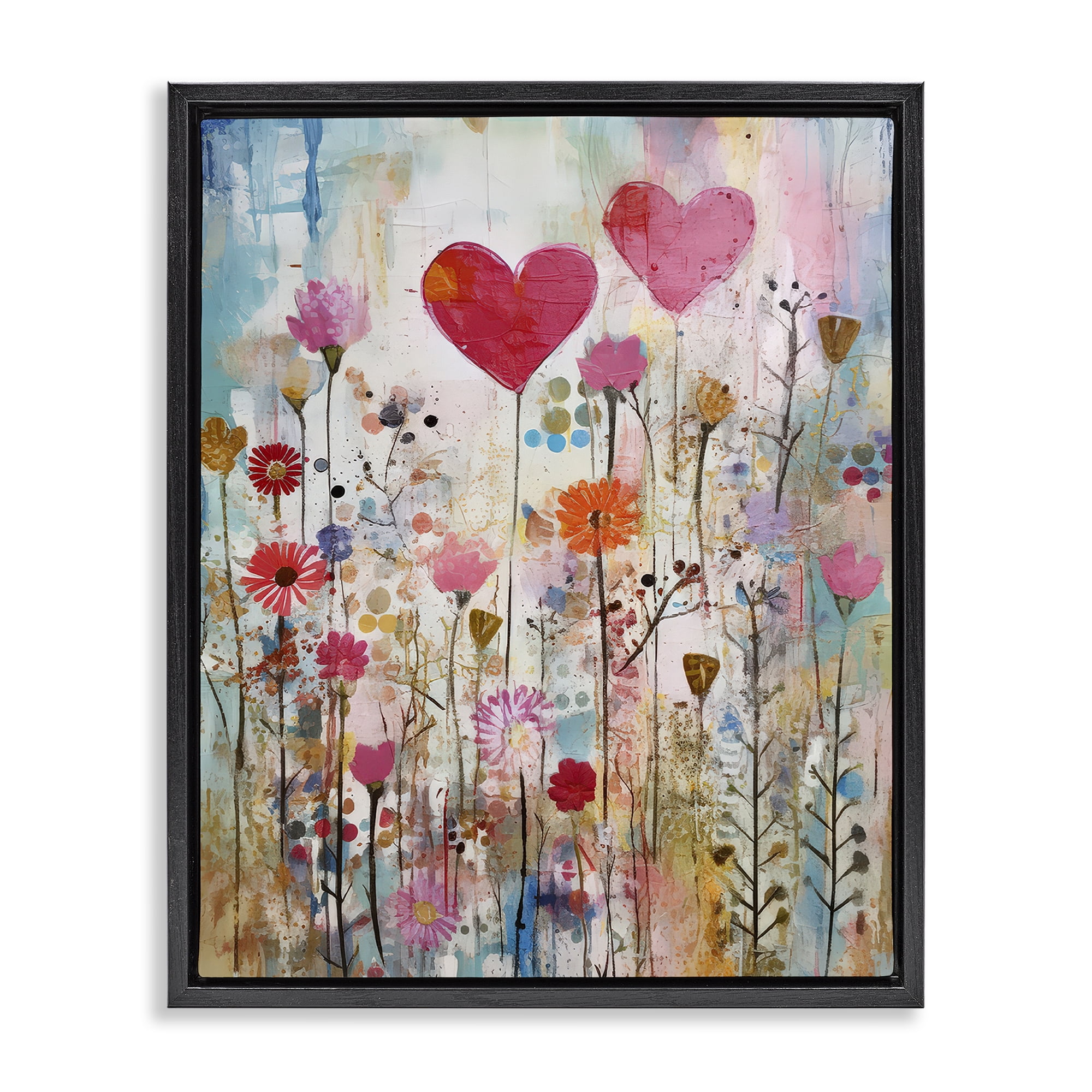 Stupell Industries Heart & Garden Collage Abstract Painting Black Floater Framed Canvas Art Print Wall Art, 25 x 31