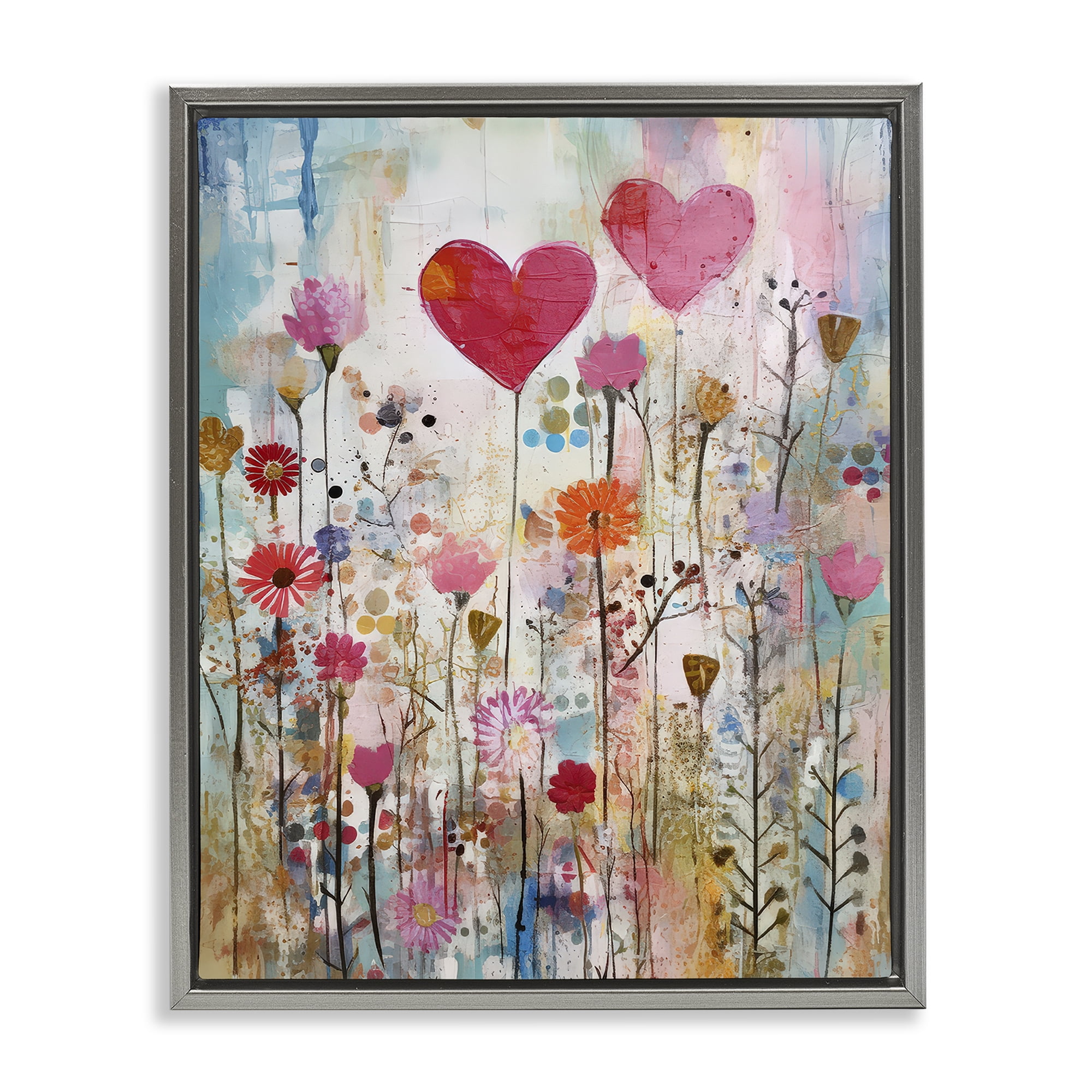 Stupell Industries Heart & Garden Collage Abstract Painting Gray Floater Framed Canvas Art Print Wall Art, 25 x 31