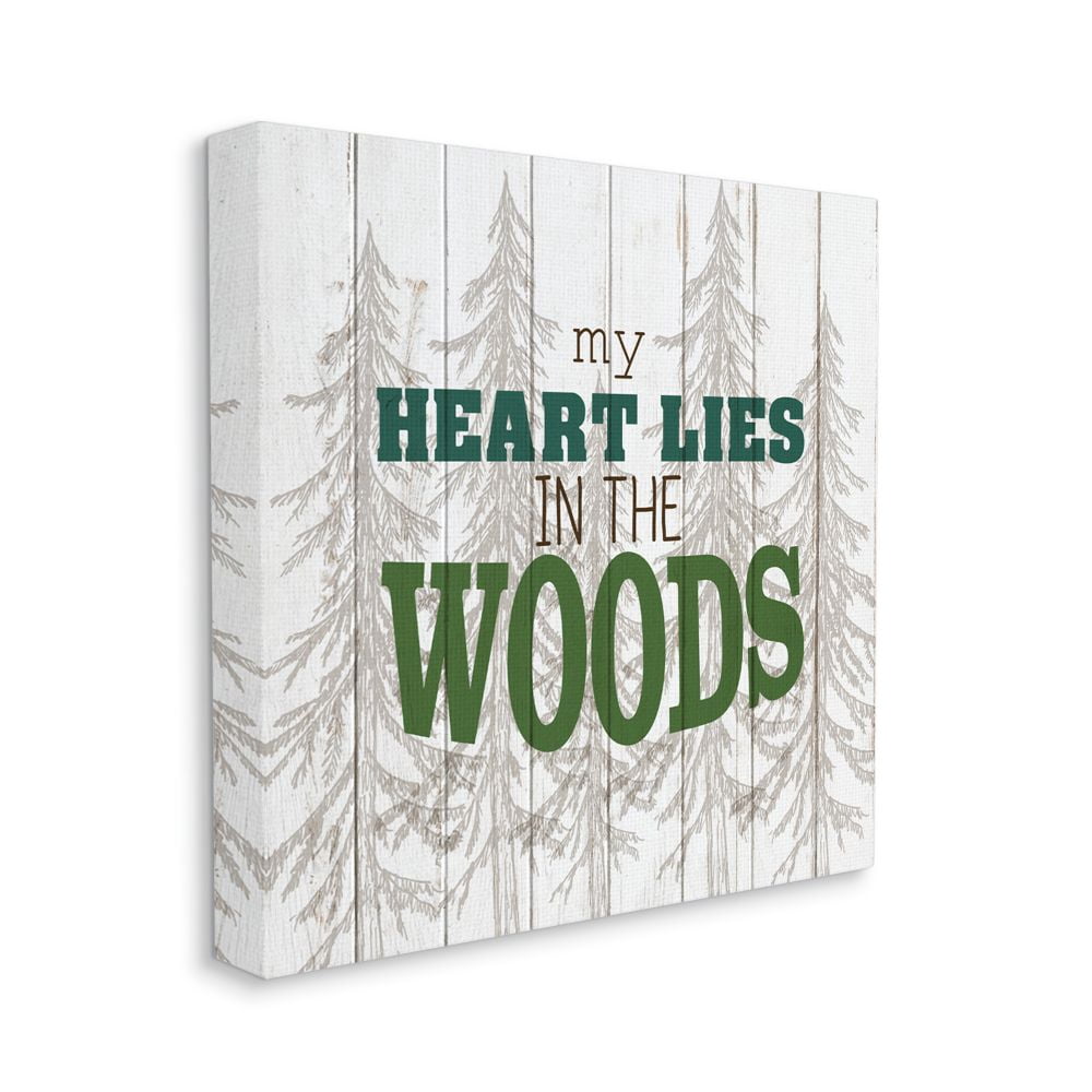Stupell Industries Heart Lies in Woods Quote Camping Pine Tree Sketch Word Design Canvas Wall Art Design by Kim Allen, 30" x 30"