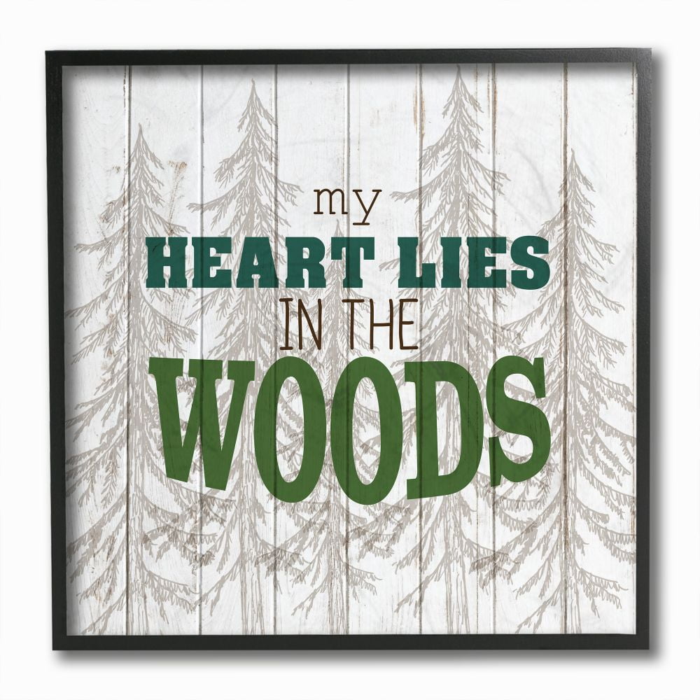Stupell Industries Heart Lies in Woods Quote Camping Pine Tree Sketch Word Design Framed Wall Art Design by Kim Allen, 12" x 12", Black Framed