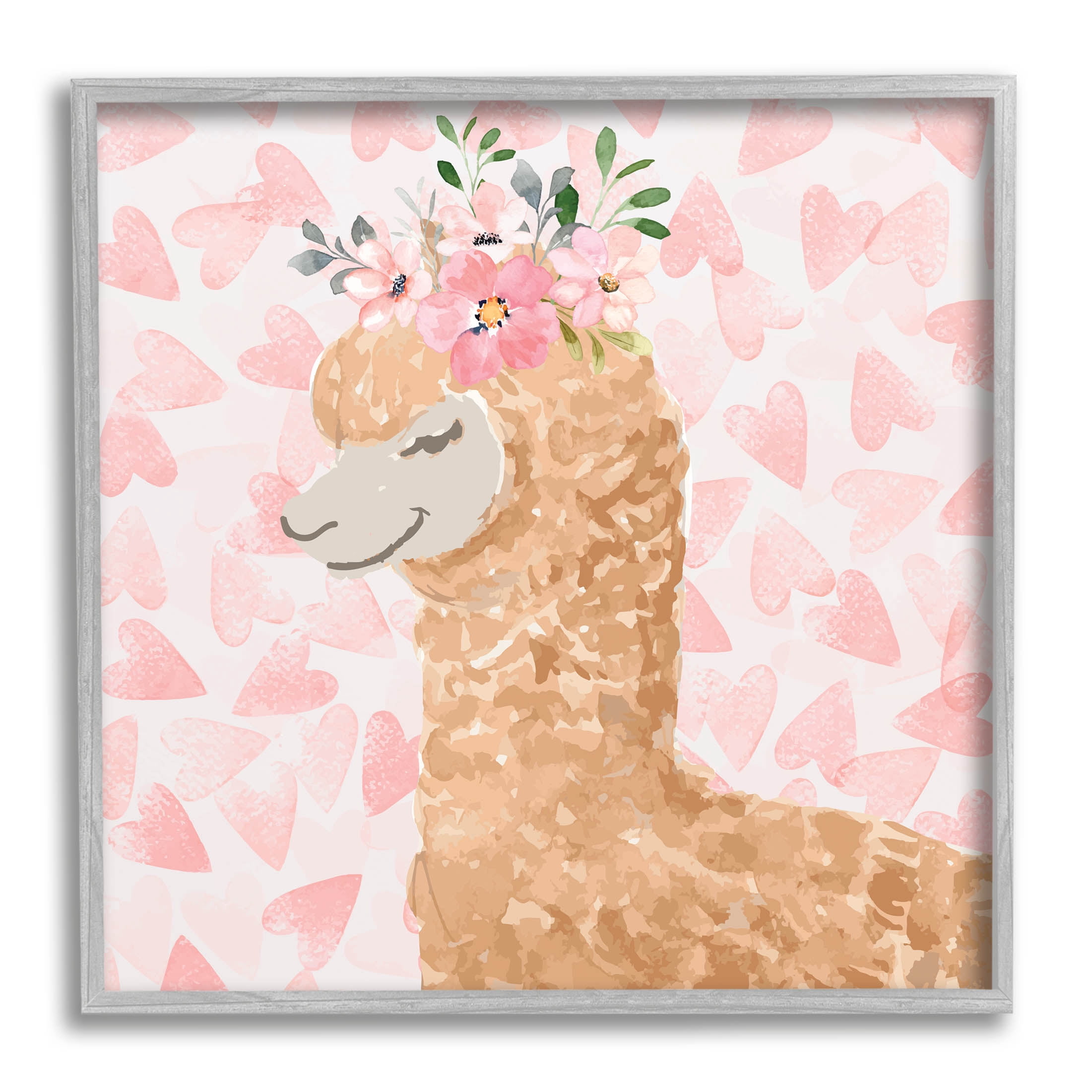 Stupell Industries Heart Pattern Smiling Alpaca Graphic Art Gray Framed Art Print Wall Art, Design by ND Art