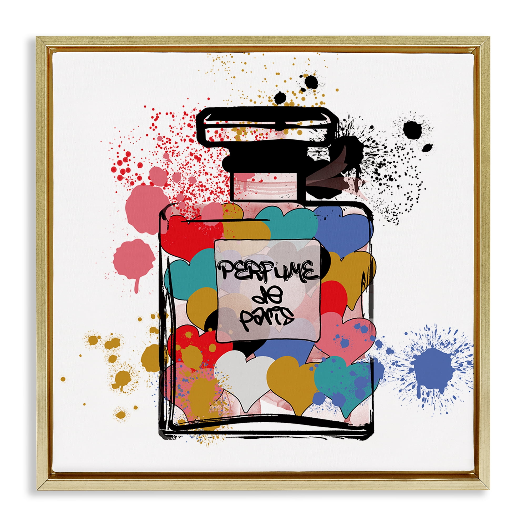 Stupell Industries Heart Patterned Mod Perfume Fashion Painting Gold Floater Framed Canvas Art Print Wall Art, 25 x 25