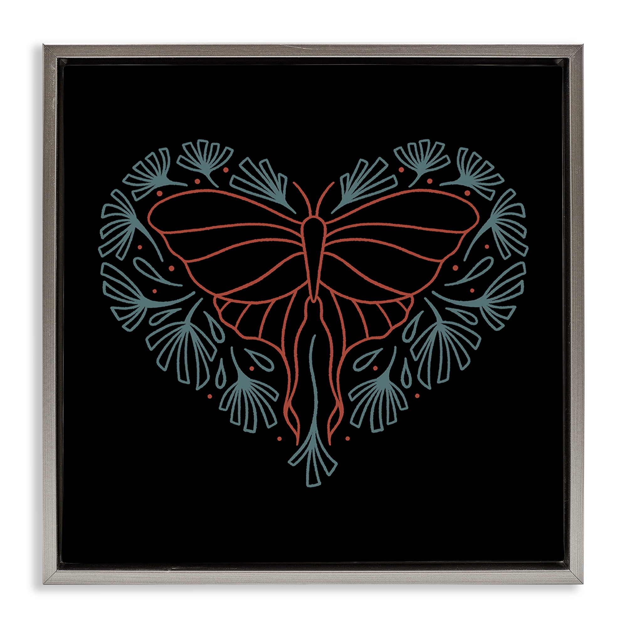 Stupell Industries Heart Shaped Celestial Moth Animals Painting Gray Floater Framed Canvas Art Print Wall Art, 18 x 18