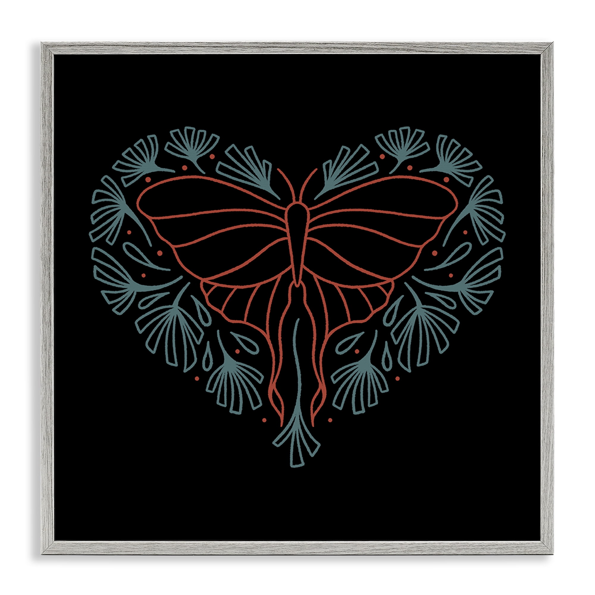 Stupell Industries Heart Shaped Celestial Moth Animals Painting Gray Framed Art Print Wall Art, 12 x 12