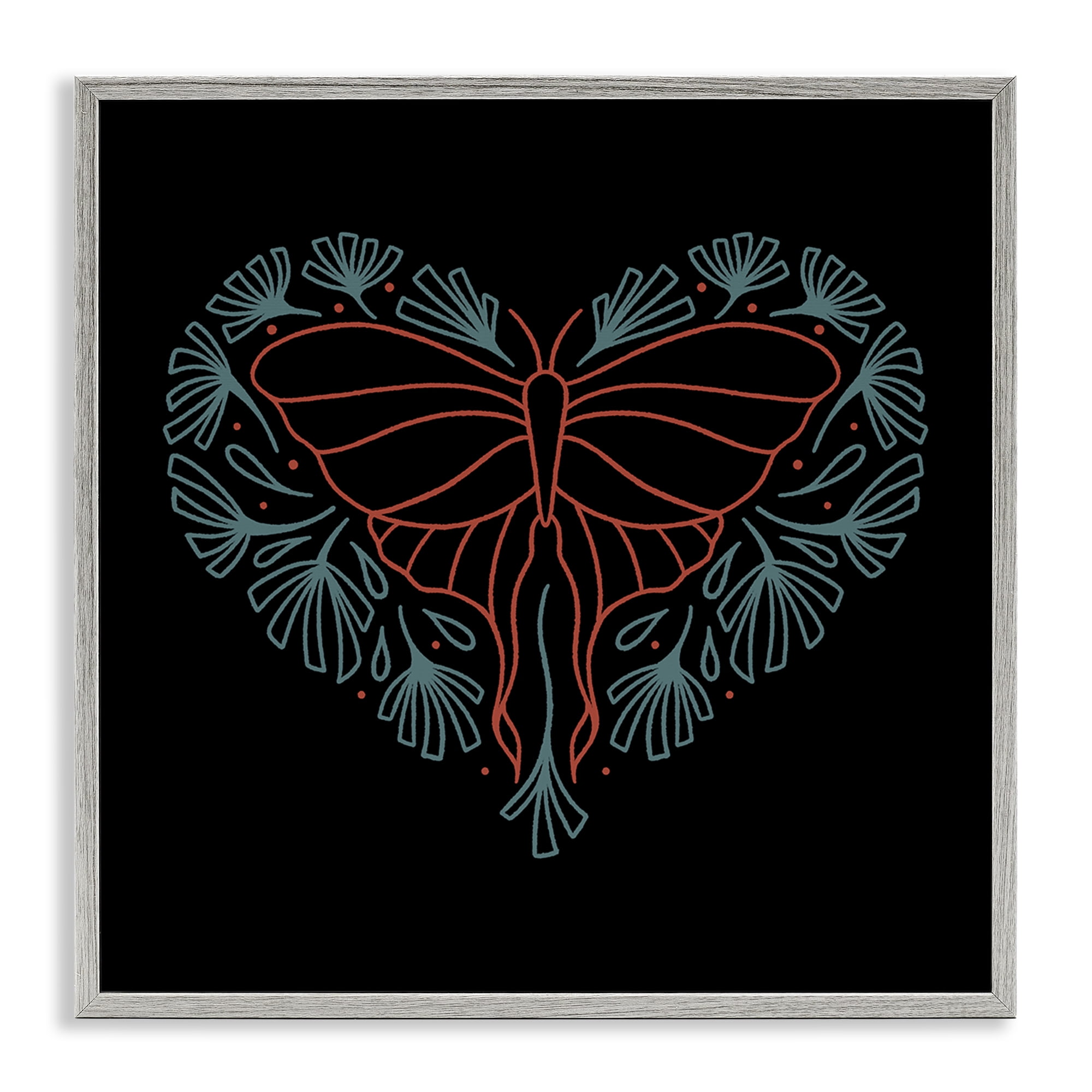 Stupell Industries Heart Shaped Celestial Moth Animals Painting Gray Framed Art Print Wall Art, 17 x 17