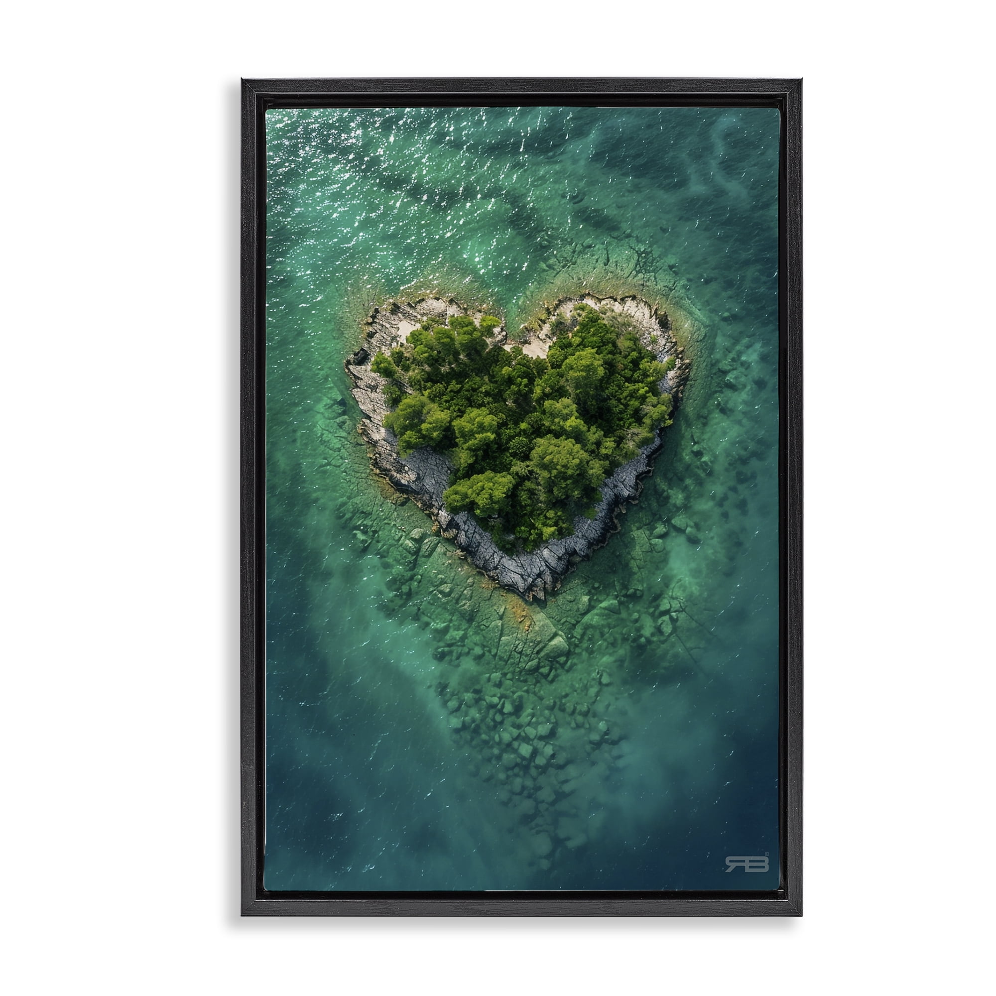 Stupell Industries Heart Shaped Island Landscape & Nature Painting Black Floater Framed Canvas Art Print Wall Art, 21 x 31