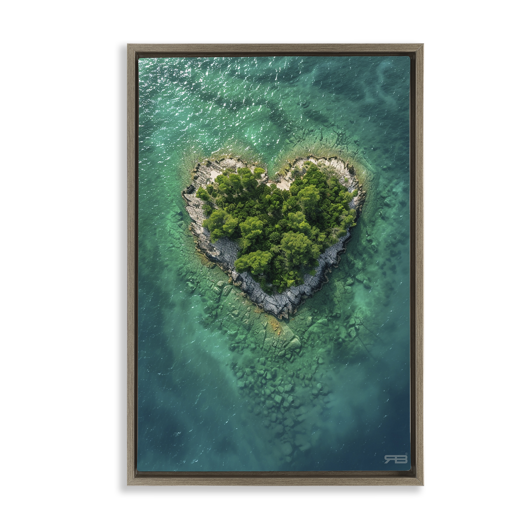 Stupell Industries Heart Shaped Island Landscape & Nature Painting Brown Floater Framed Canvas Art Print Wall Art, 21 x 31