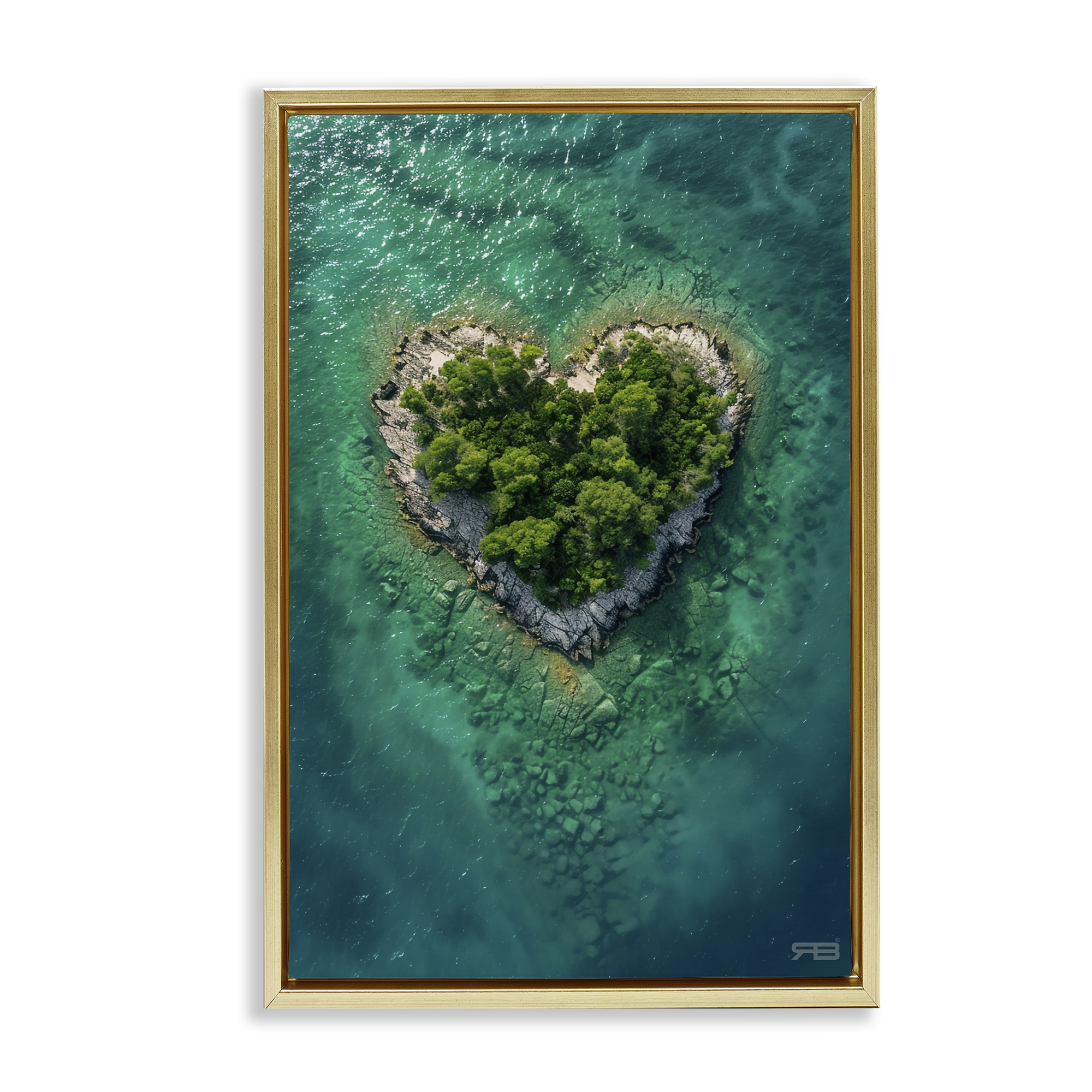 Stupell Industries Heart Shaped Island Landscape & Nature Painting Gold Floater Framed Canvas Art Print Wall Art, 17 x 25