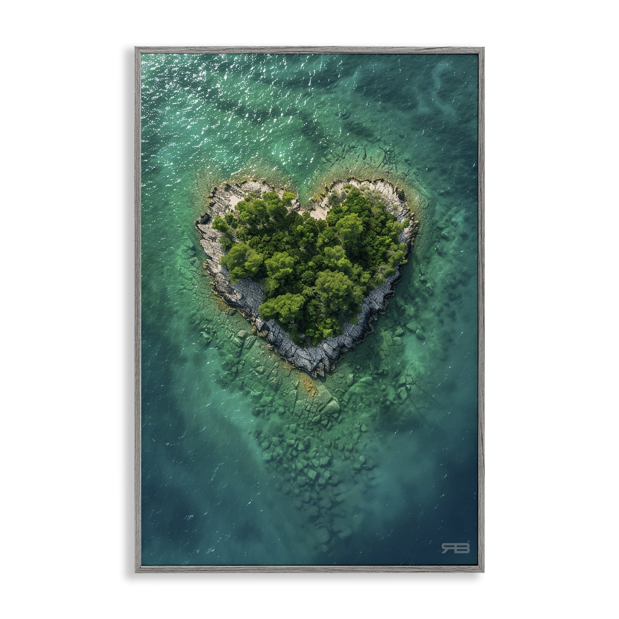 Stupell Industries Heart Shaped Island Landscape & Nature Painting Gray Framed Art Print Wall Art, 16 x 24