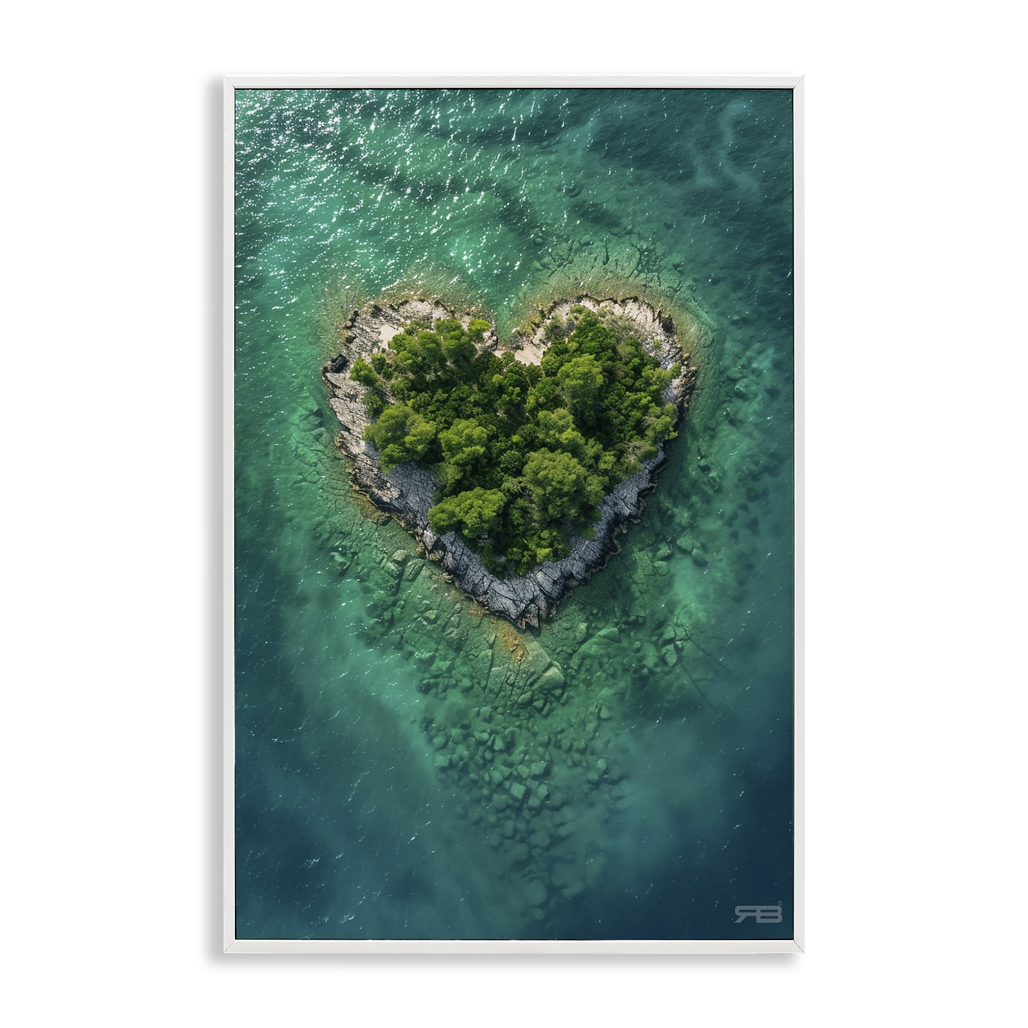 Stupell Industries Heart Shaped Island Landscape & Nature Painting White Framed Art Print Wall Art, 16 x 24